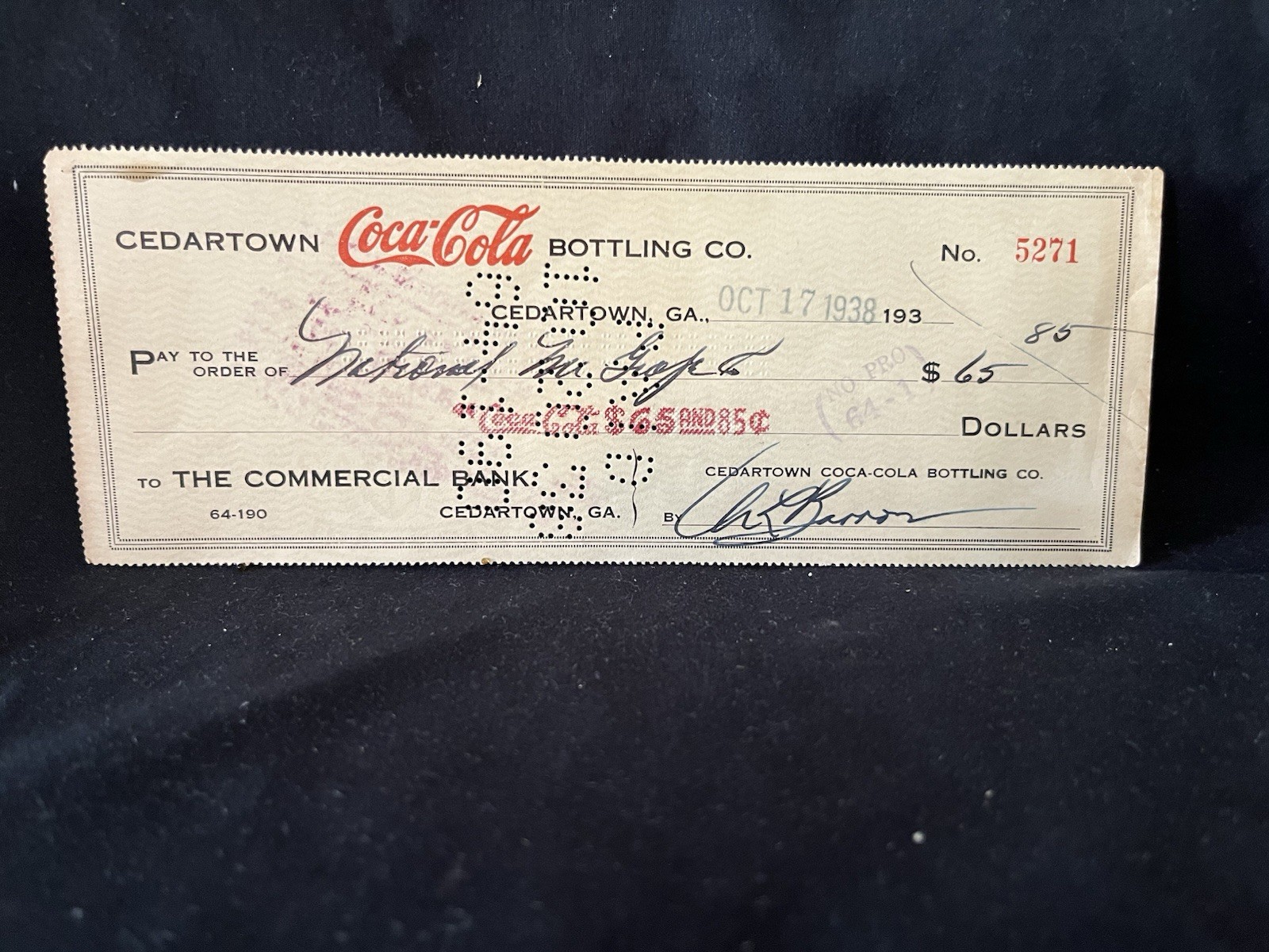 1938 Coca Cola Bottling Co Cedartown Ga Check