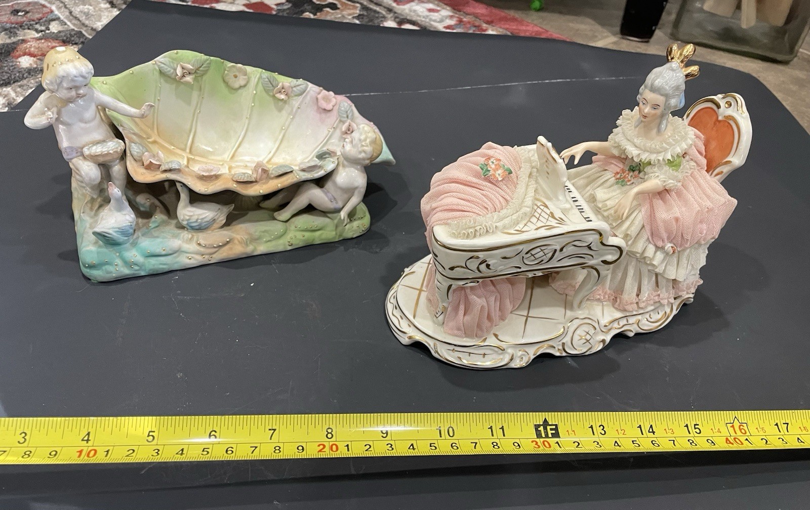 Vintage European Porcelain Lot - Dresden Lace Lady Pianist & Putti Shell Bowl