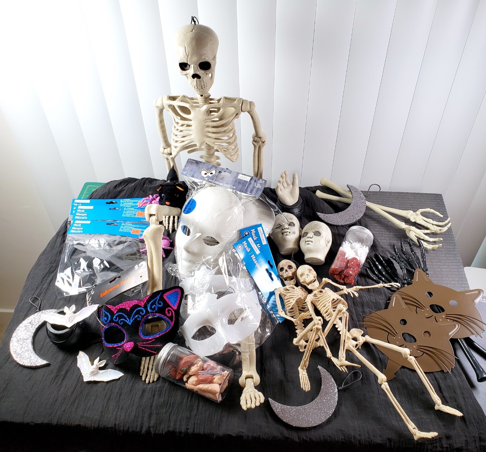 Big Halloween LOT, skeletons, masks, bone tongs, guts jars, kitty, party, decor