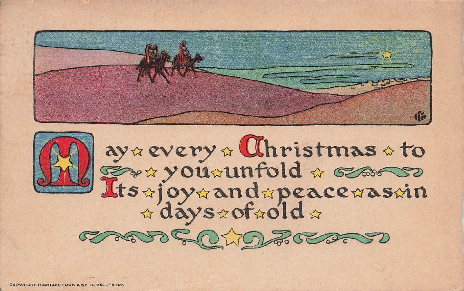 MERRY CHRISTMAS GREETINGS POSTCARD WISE MEN HEAD TO STAR RAPHAEL TUCK 1916