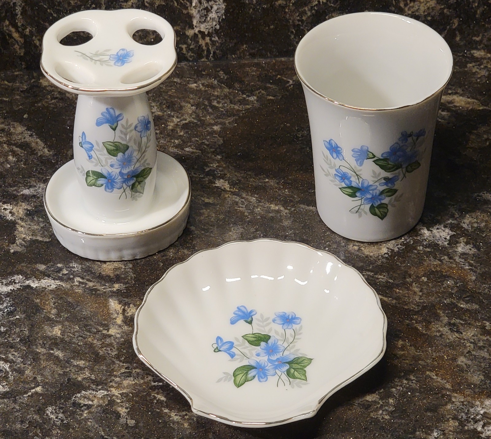 Vintage 1950's Lefton Porcelain Vanity Bathroom Set w/ Blue Flowers Cottagecore 