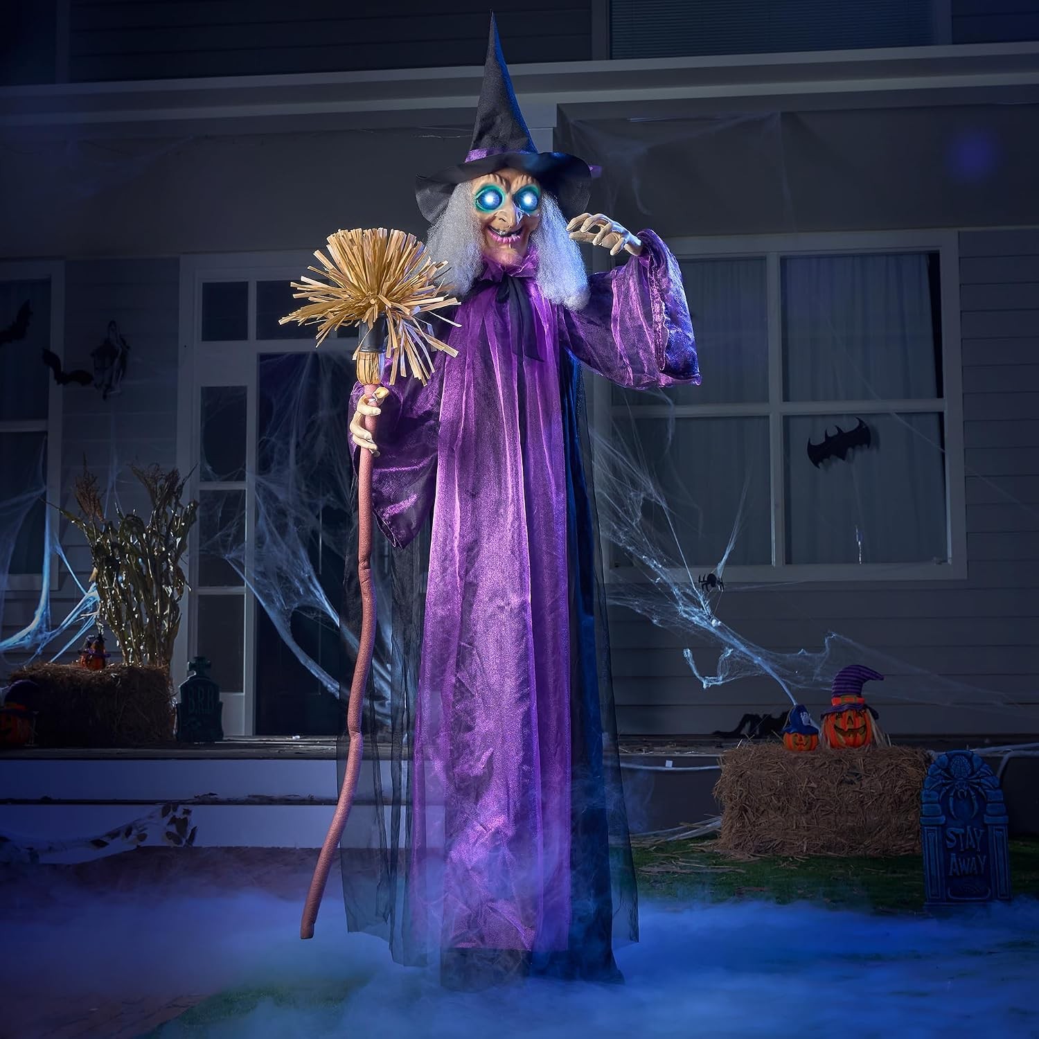 72 In Animated Witch Halloween Decor, LED Eyes Motion Activated Yard Prop