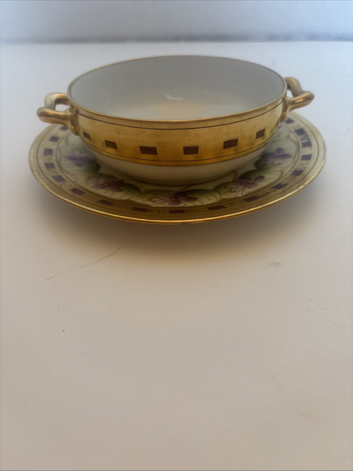 RARE Pickard Antique Hand Painted Cream Soup/saucer With Violets RARE Pickard Antique Hand Painted Cream Soup/saucer With Violets