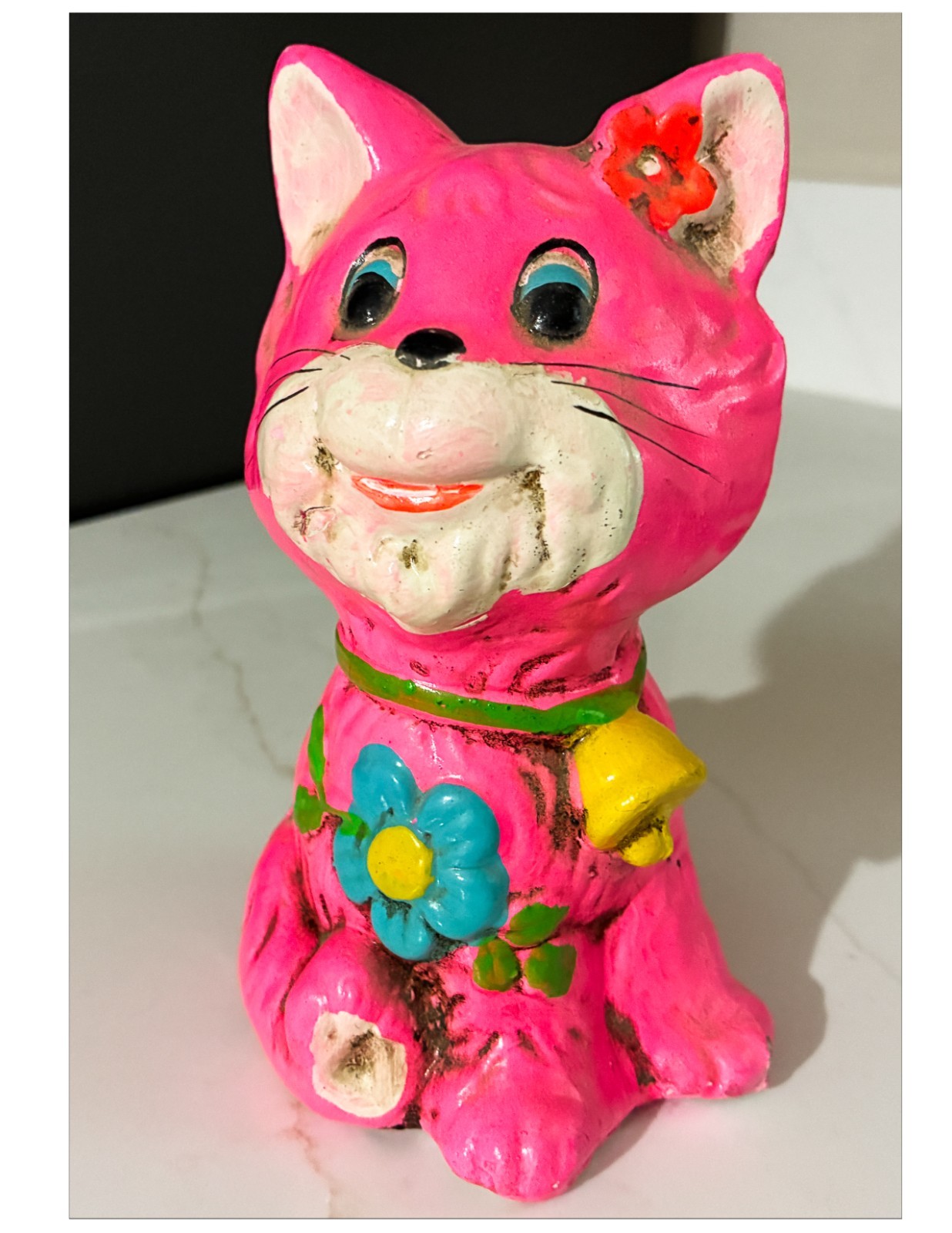 Rare Vintage 1966 Hippi Pink Cat Bank Blue Flower 6 1/2\