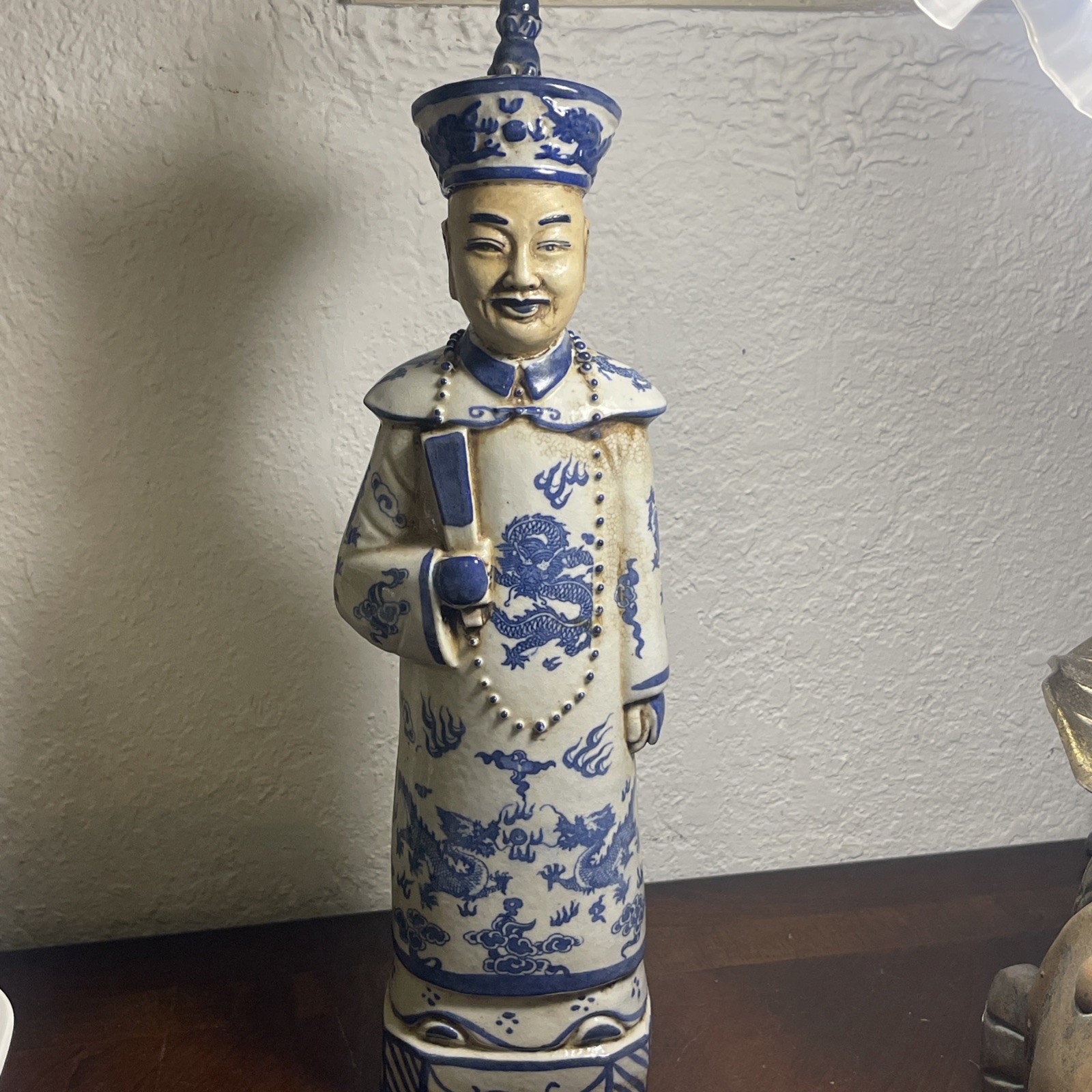 Vintage Chinese Emperor Figurine Blue And White Porcelain Pottery Statue