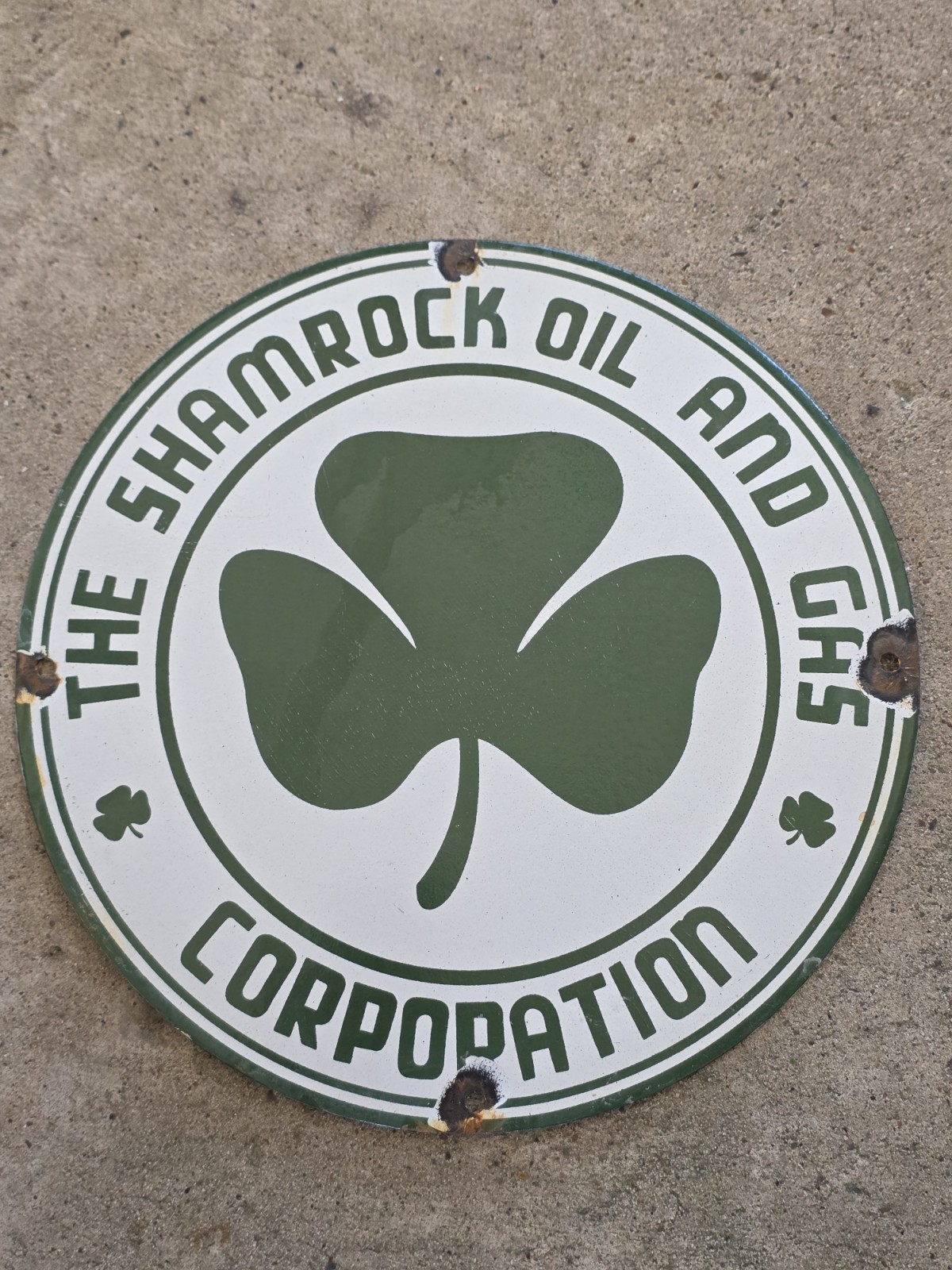 VINTAGE SHAMROCK PORCELAIN SIGN SERVICE GAS STATION IRISH LUCKY CLOVER 12