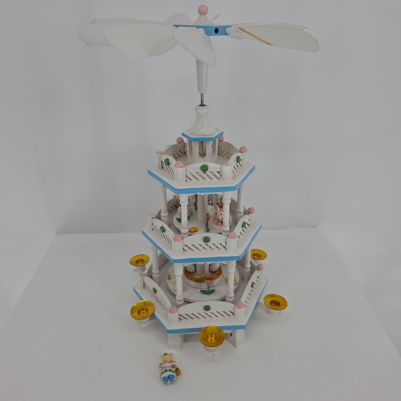 DAMAGED Vintage Easter Windmill Go Round Pyramid Wooden Carousel 3 Tier 