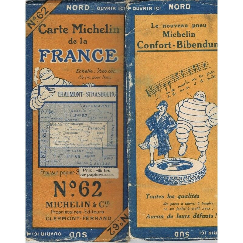 Michelin CARD N°62 CHAUMONT-STRASBOURG Commercy Selestat Colmar Guebwiller 1926