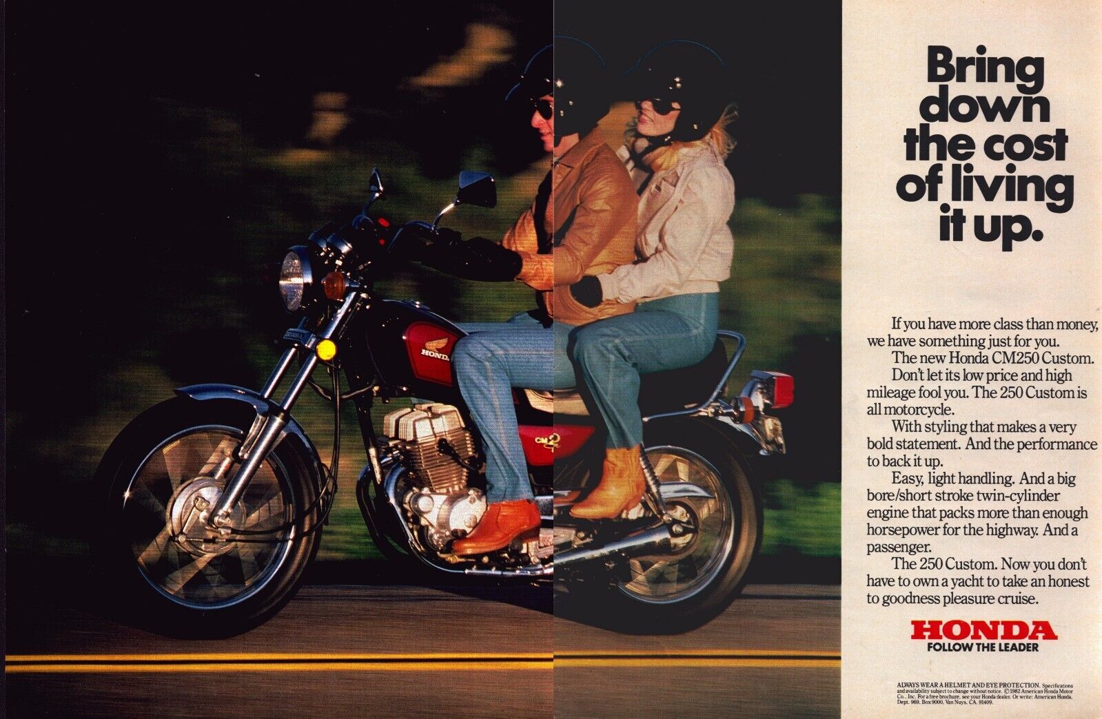 1982 Honda Motorcycle TWO PAGE Print Ad Man Woman Riding Bring Down The Cost