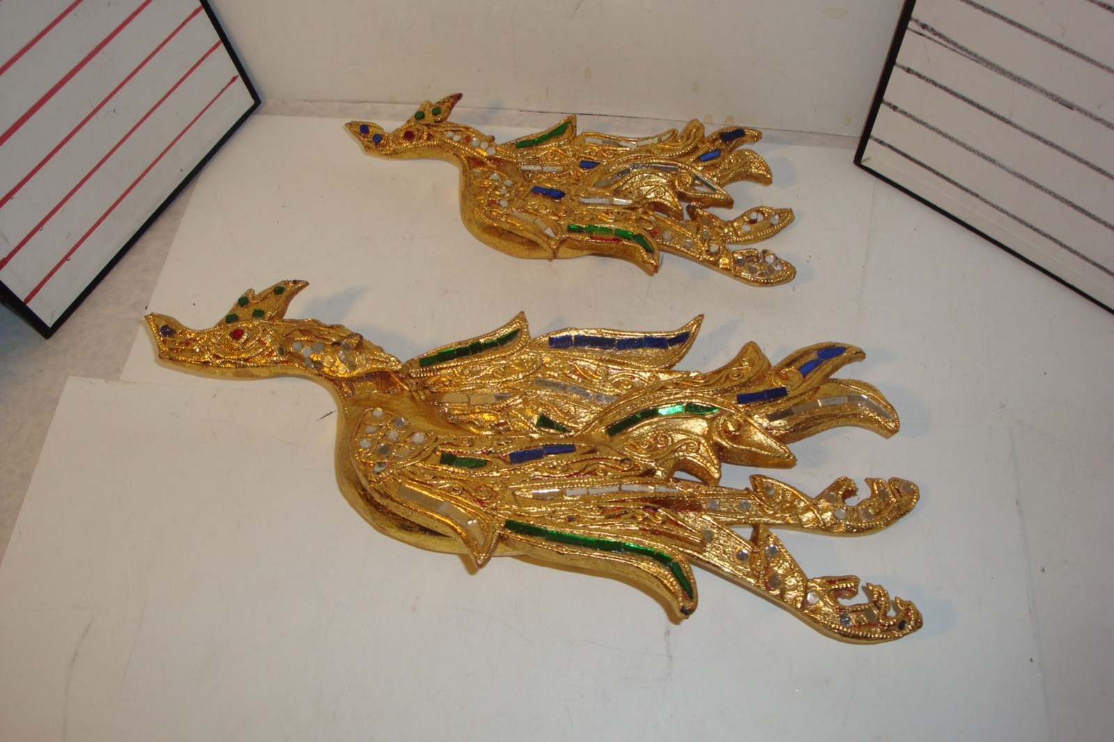 Vintage hand wrought carved wood set of 2 gold decorated wall birds Thailand
