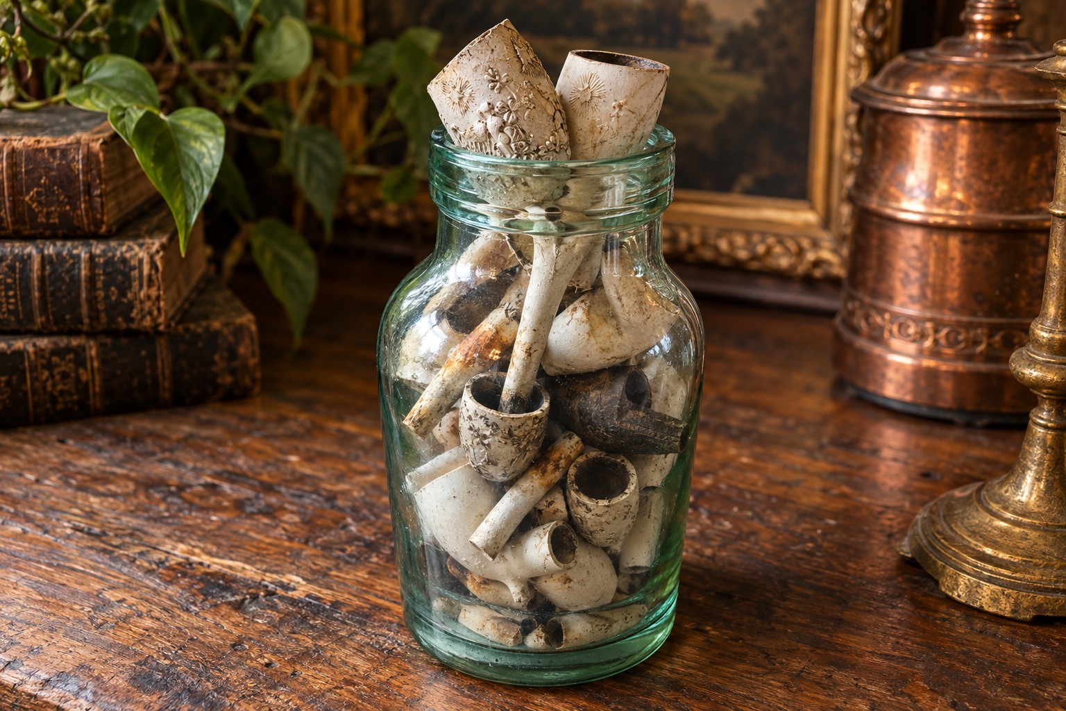 Antique Clay Tobacco Pipe Collection 20+ Victorian Broseley Harp Fragments Jar