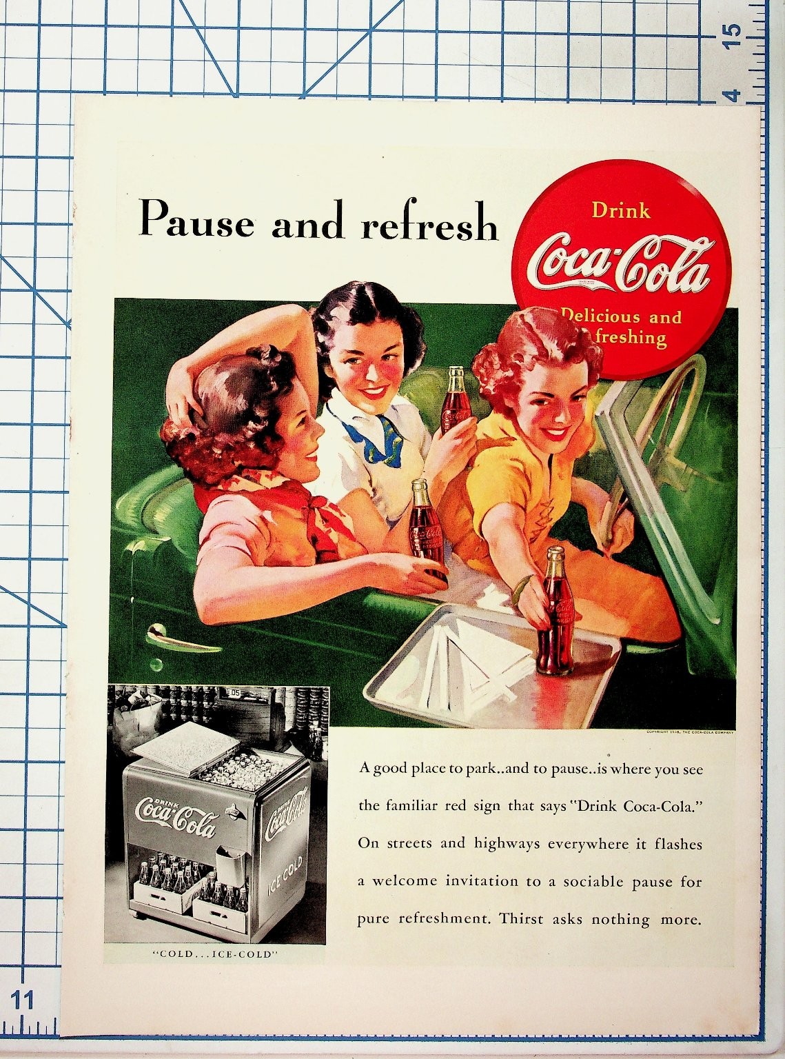Vintage 1938 Coca-Cola Ad Pause and Refresh Drive-In Girls Coke Cooler