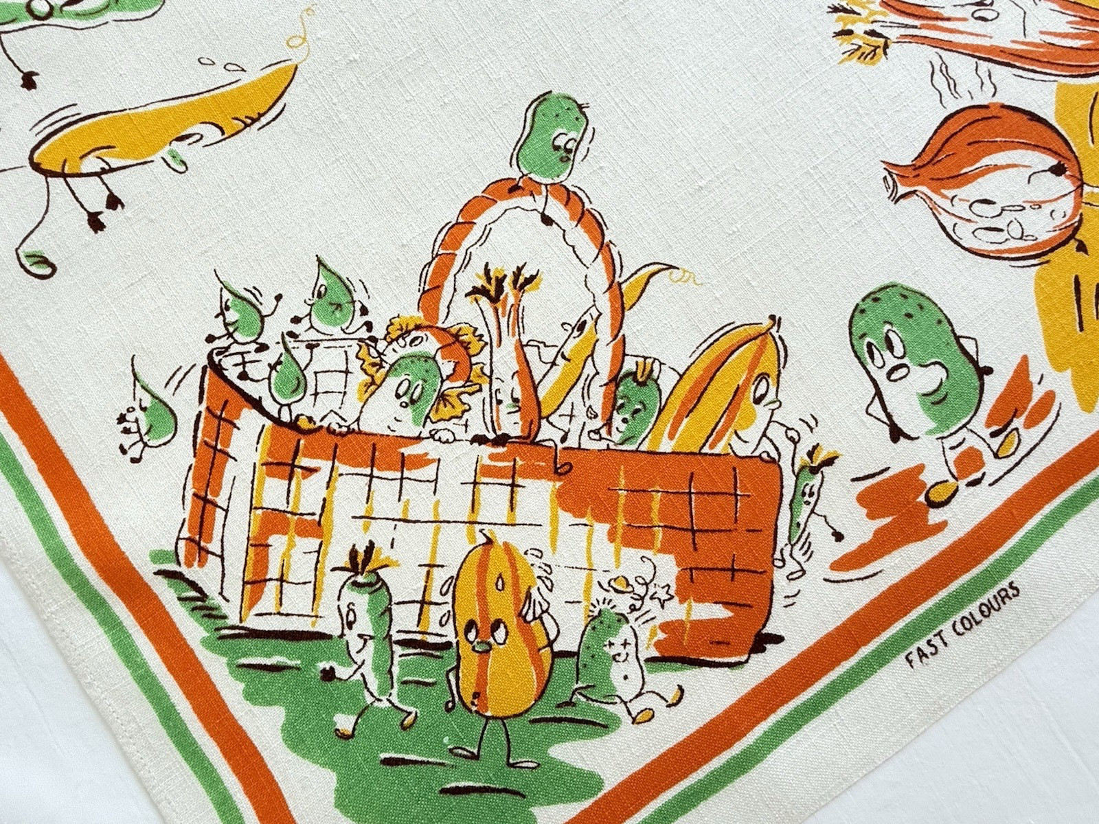 Vintage Tea Towel MCM 1950s 1960s Anthropomorphic Vegetables Cartoon