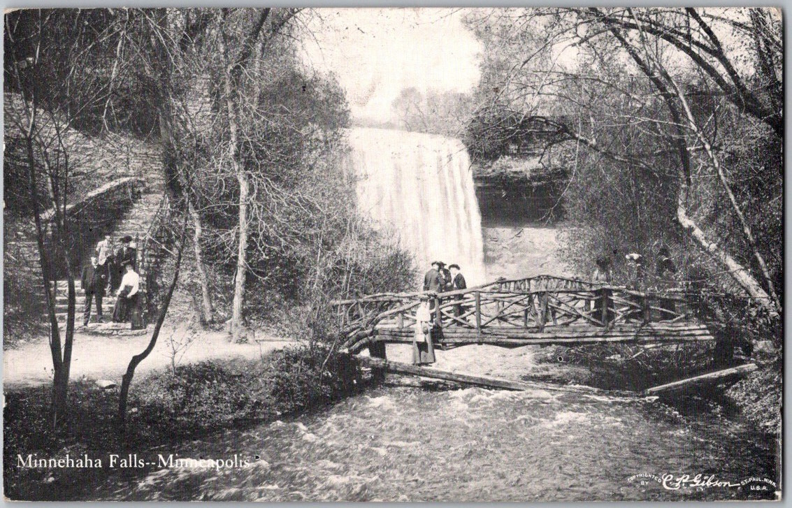 Antique 1915 Postcard Minnehaha Falls Minneapolis MN Minnesota Waterfall Bridge