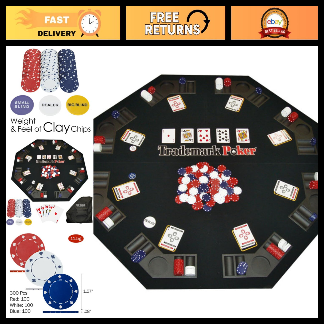 Foldable Poker Table Topper Set - 300 Chips, 2 Decks, Carry Case & Buttons