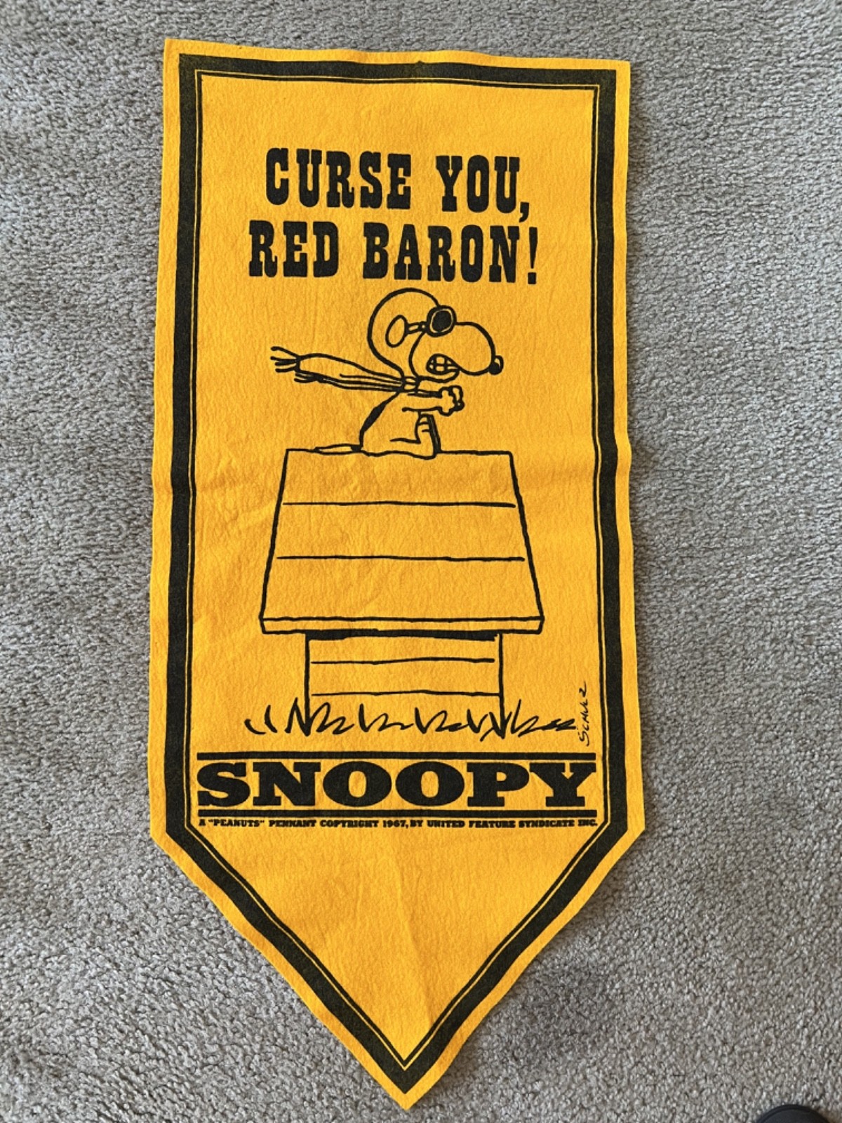 RARE Vintage 1967 Peanuts Curse You Red Baron Snoopy Yellow Felt Banner Pennant