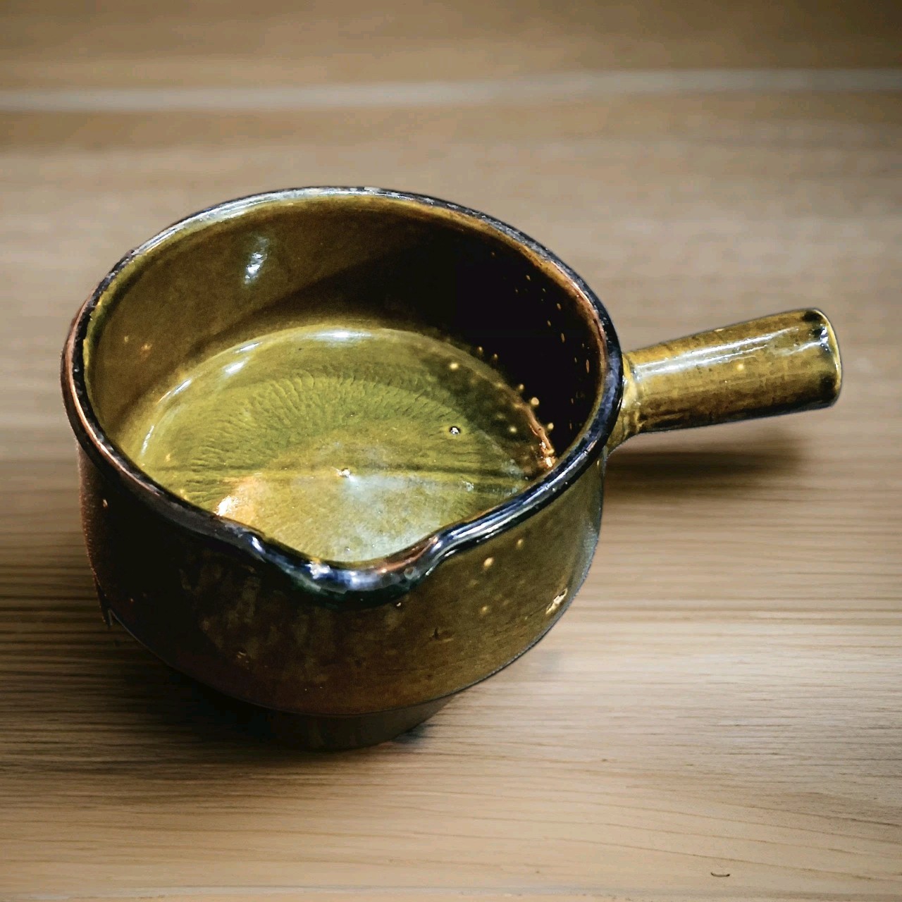 Vintage 32/5 Green Glazed Ceramic Poelon Handle Pan Pot Mid Century Stoneware