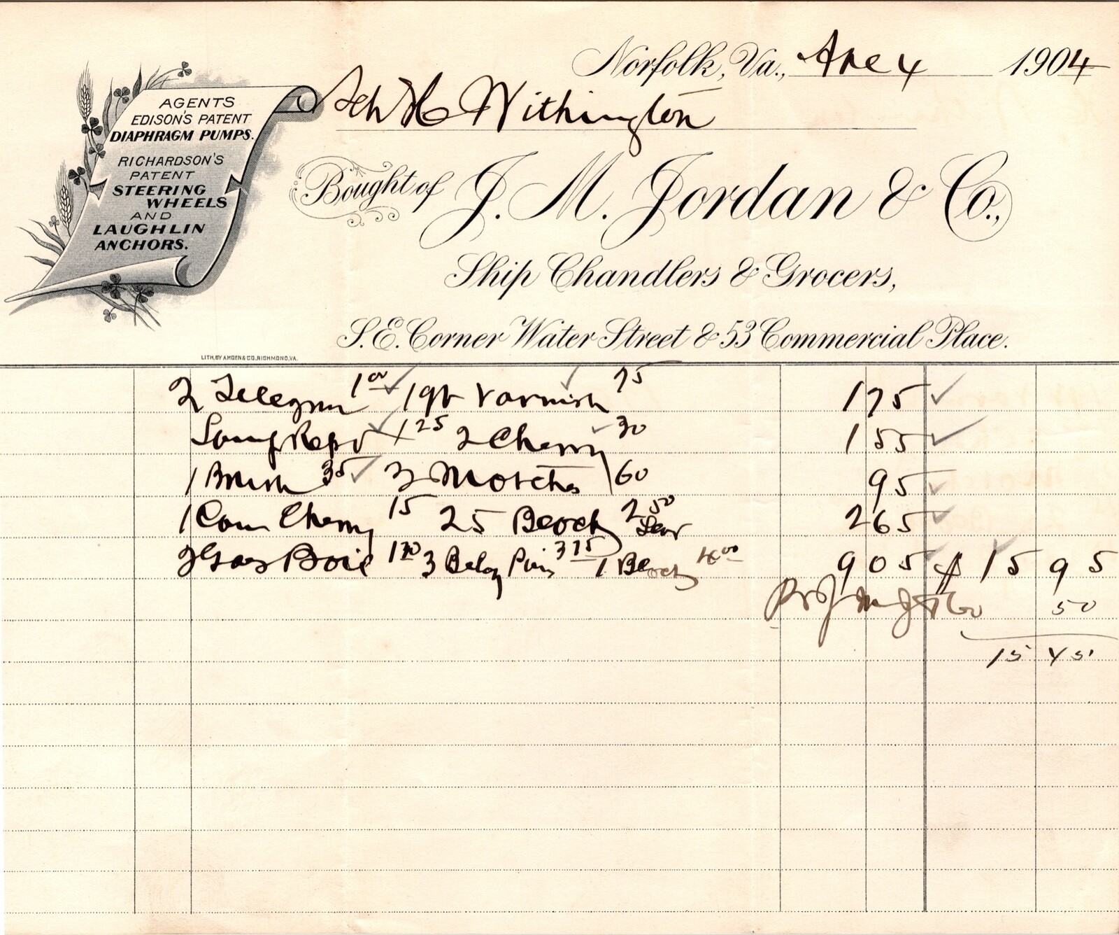 Antique Maritime Billhead Invoice 1904 J M Jordan Ship Chandlers Grocers Norfolk Antique Maritime Billhead Invoice 1904 J M Jordan Ship Chandlers Grocers Norfolk