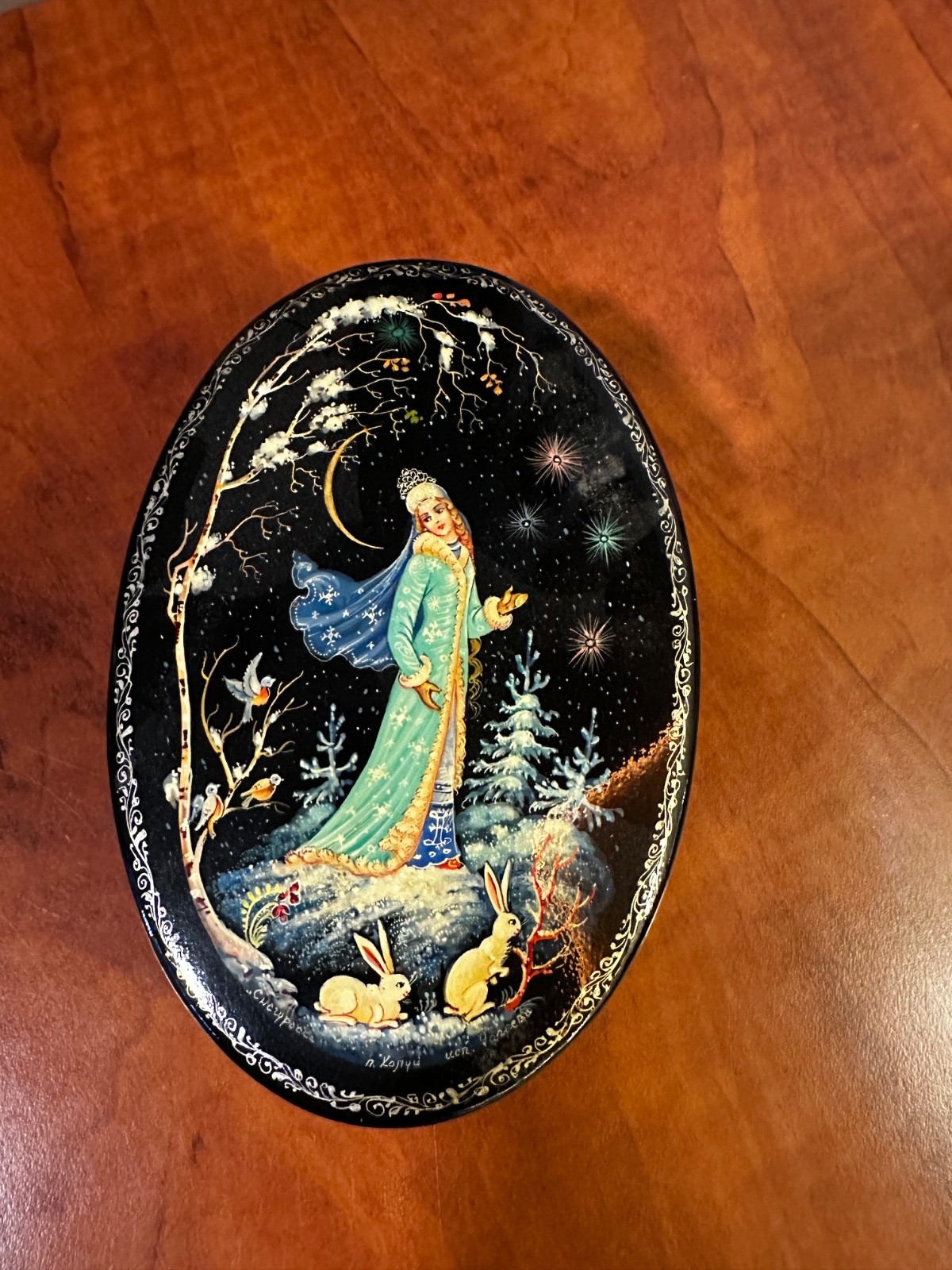 Vintage Russian hand painted papier-mache lacquer box, Snow Maiden