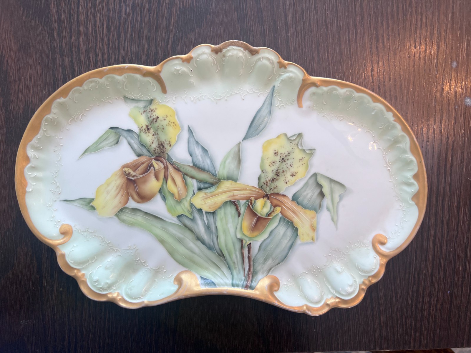 Antique Limoges W.G. & Co. Hand-Painted Lady's Slipper Orchid Kidney Tray
