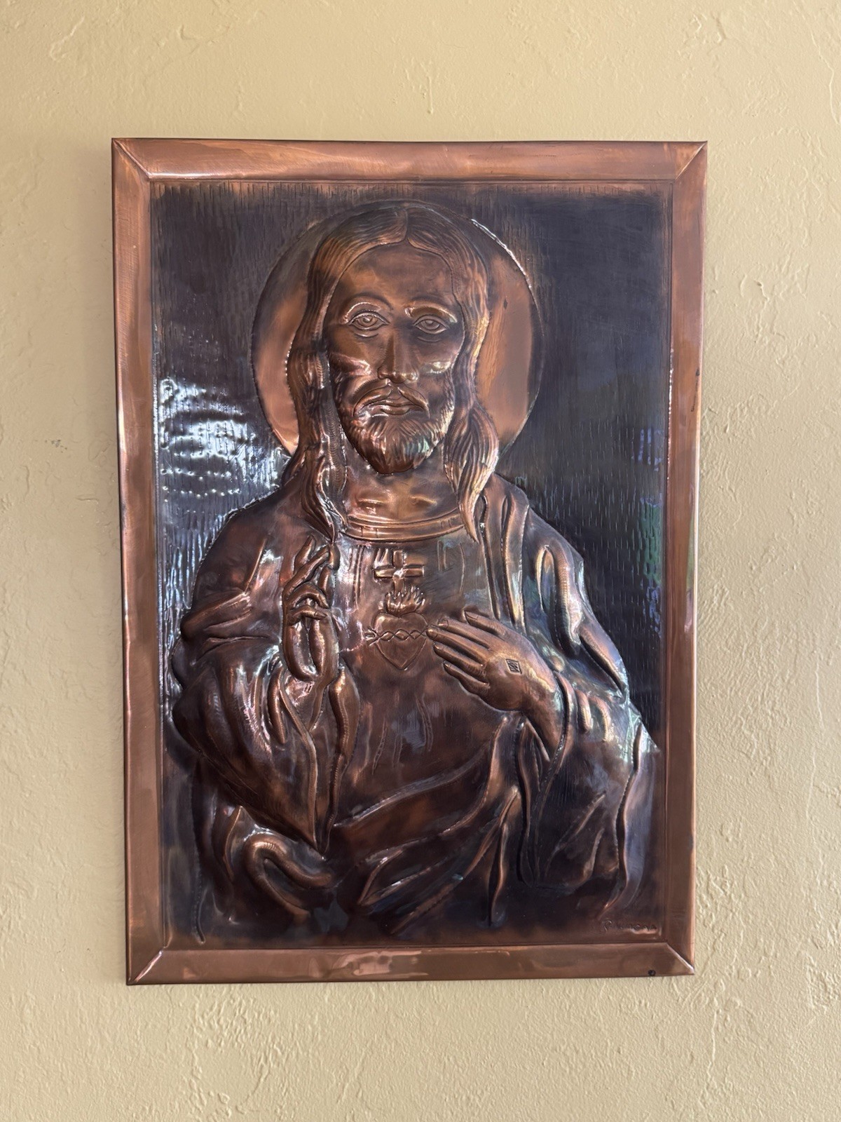 VTG  1960’s High-Relief Copper Repousse Large Wall Plaque of Jesus - R. Mungal