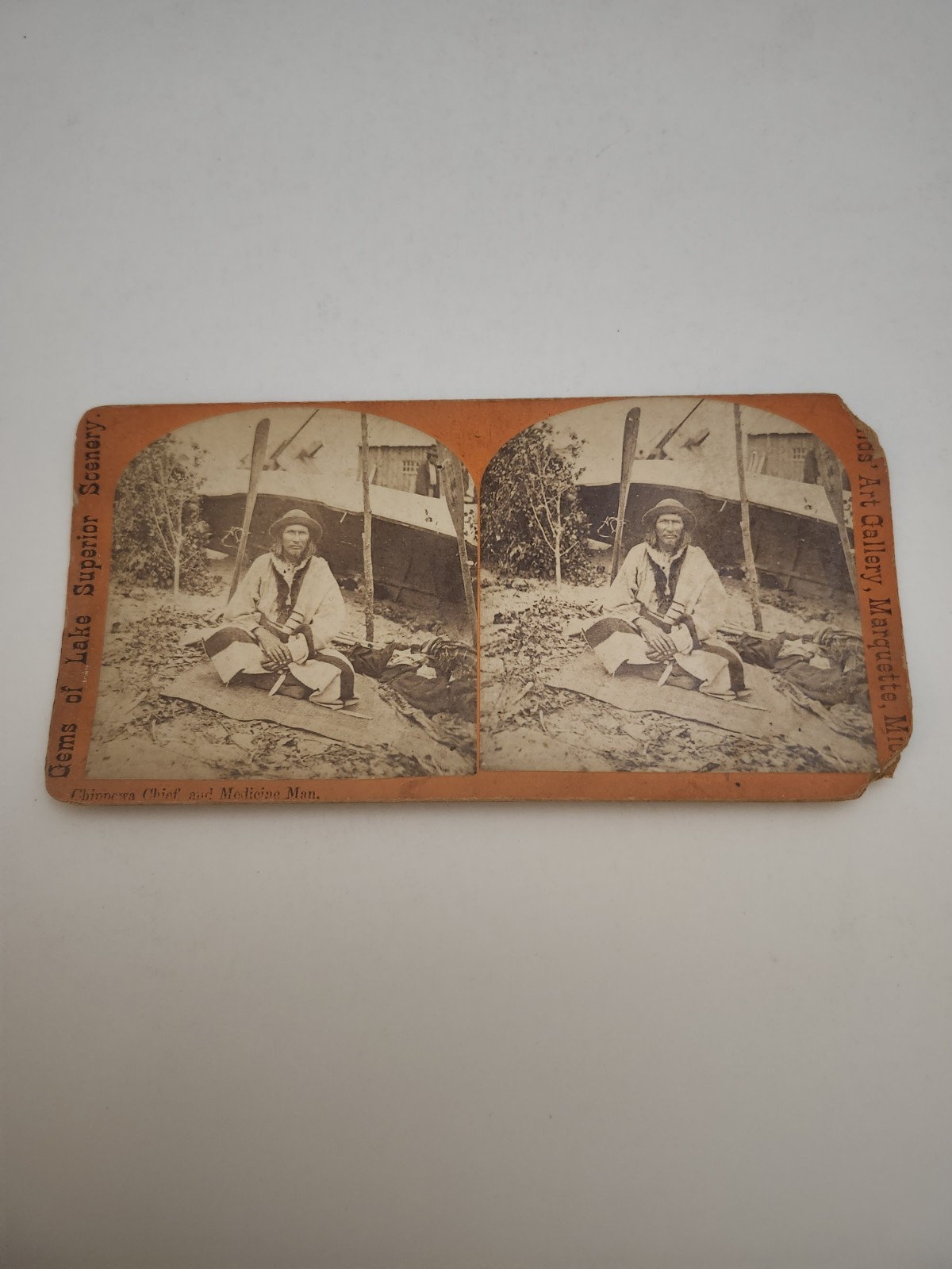 Marquette MI STEREOVIEW CHIPPEWA OJIBWA CHIEF AND MEDICINE MAN  (KEGADESA) 1883
