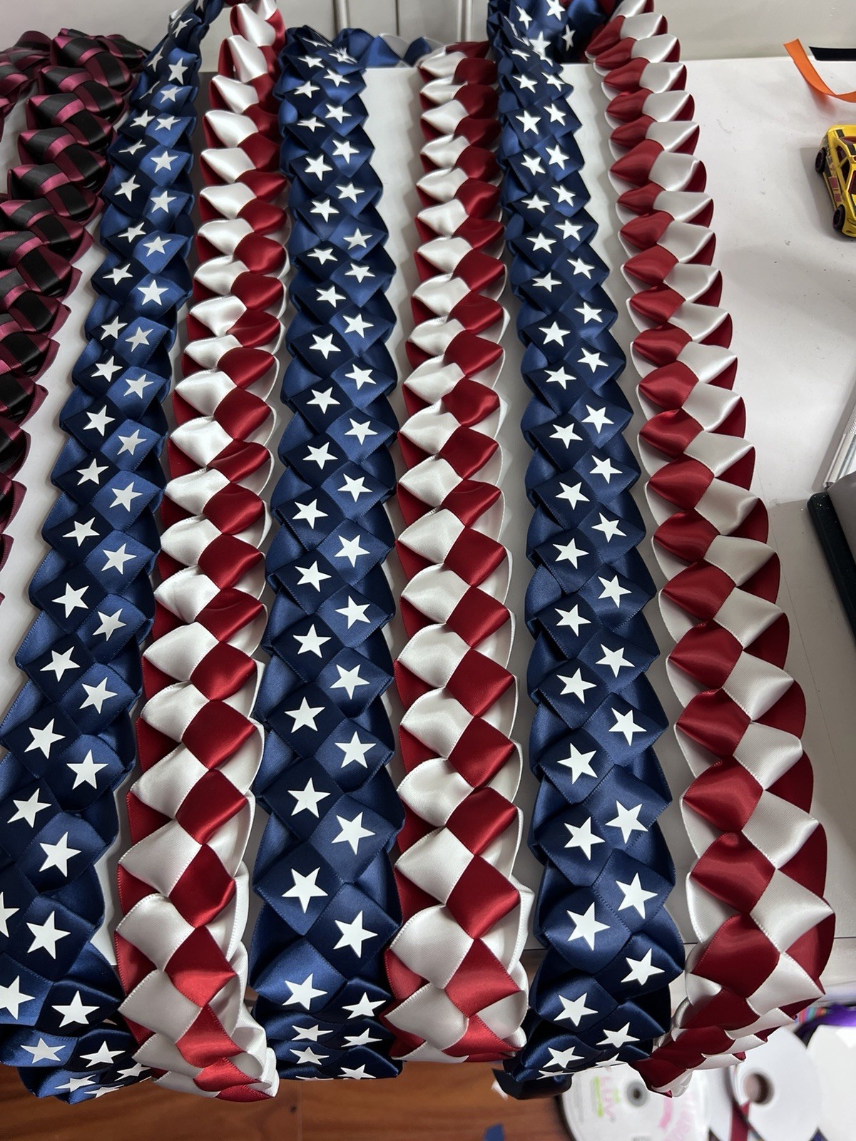 Graduation Lei: USA Flag Ribbon, Red White and Blue With Stars