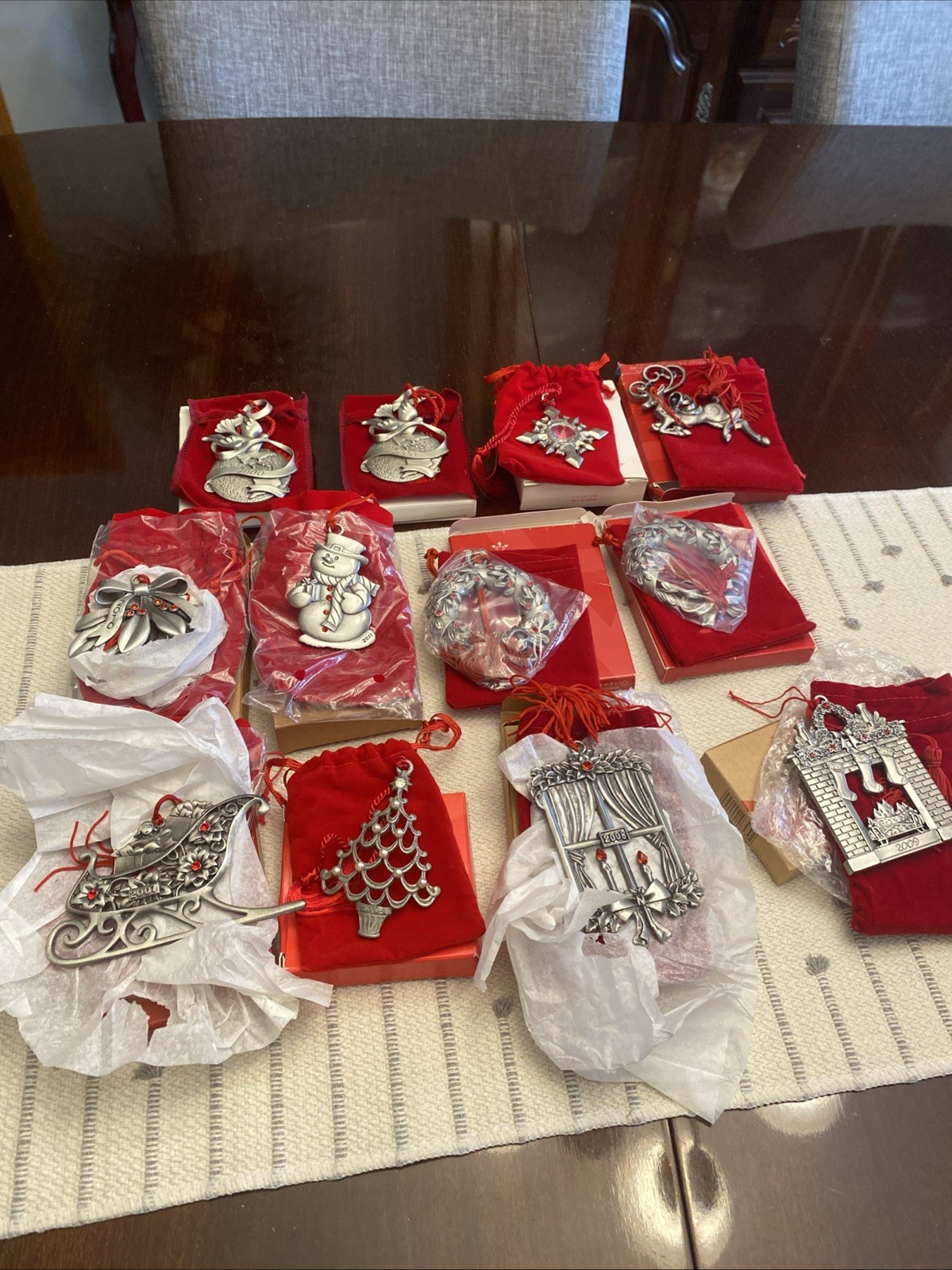 Avon Pewter Christmas Ornaments Lot 12 Various Years Dated Velvet Bags Avon Pewter Christmas Ornaments Lot 12 Various Years Dated Velvet Bags