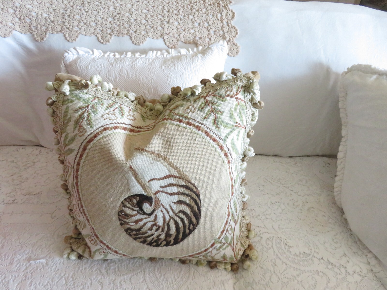 Gorgeous Petit point Victorian Striped Shell Nautical  Needlepoint Pillow #3