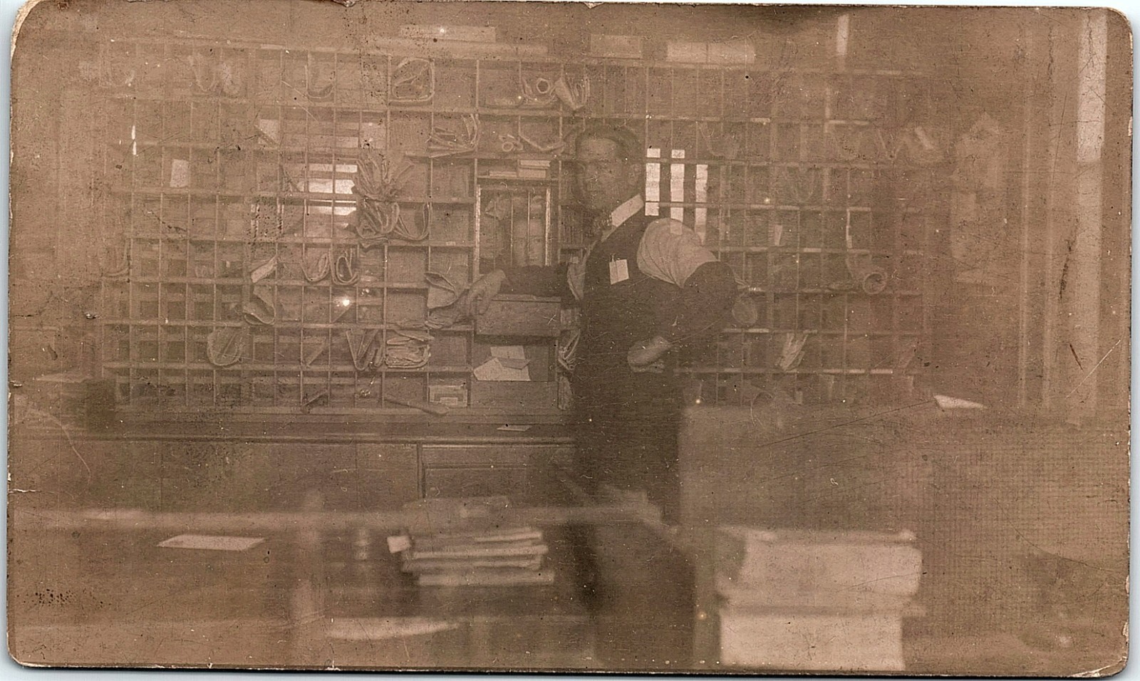 Vintage Postcard Early Postal Clerk Sorting Mail Post Office Interior RPPC 