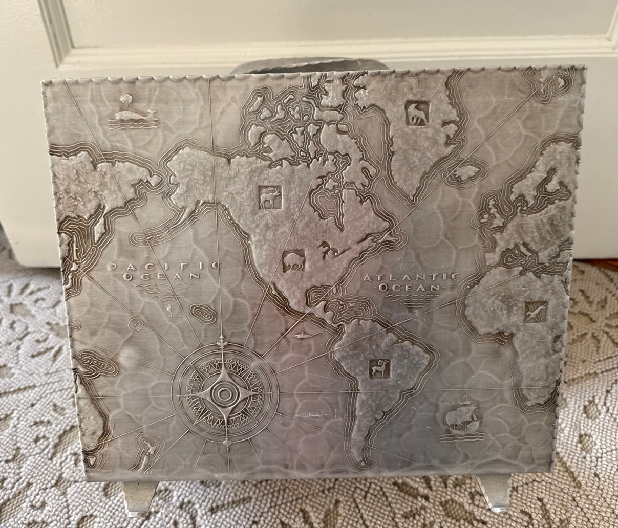 1930’s Arthur Armour Art Deco Aluminum World Map Magazine Rack, 12” X 10”