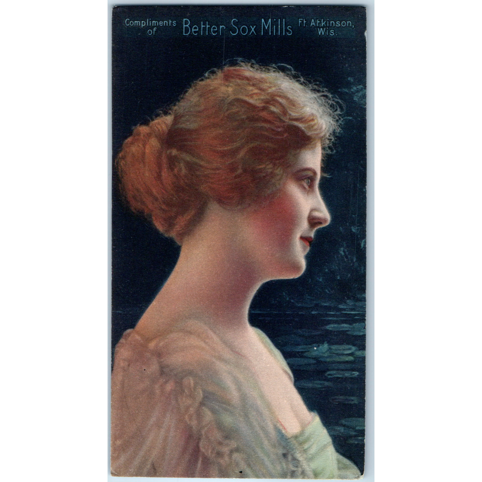 Vtg c1910 Fort Atkinson WI Better Sox Mills Adv Ink Blotter Woman Portrait