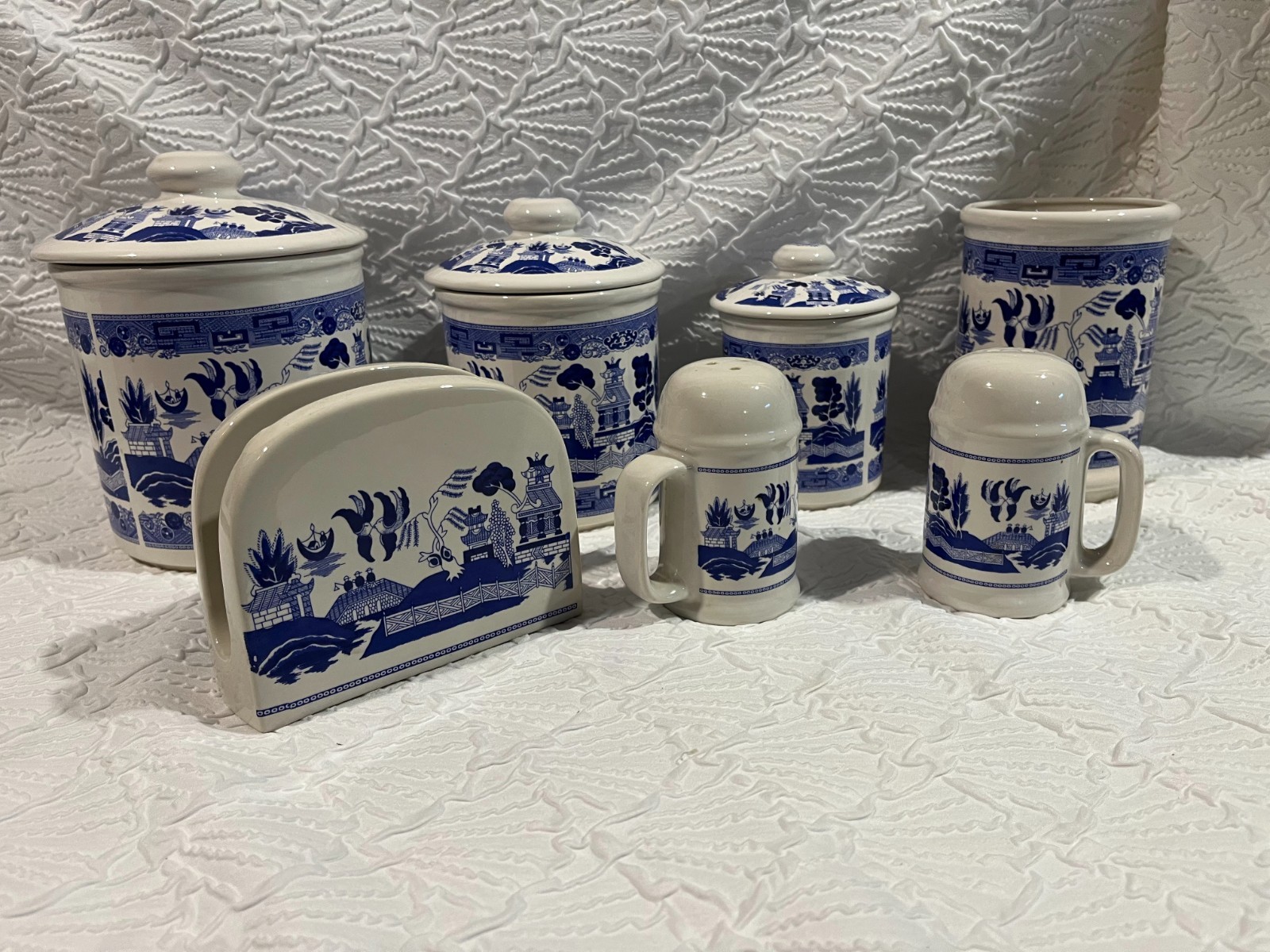 Vintage Blue Willow Transferware 3 Canister w/Lids, Utensil, Napkin, S & P Set