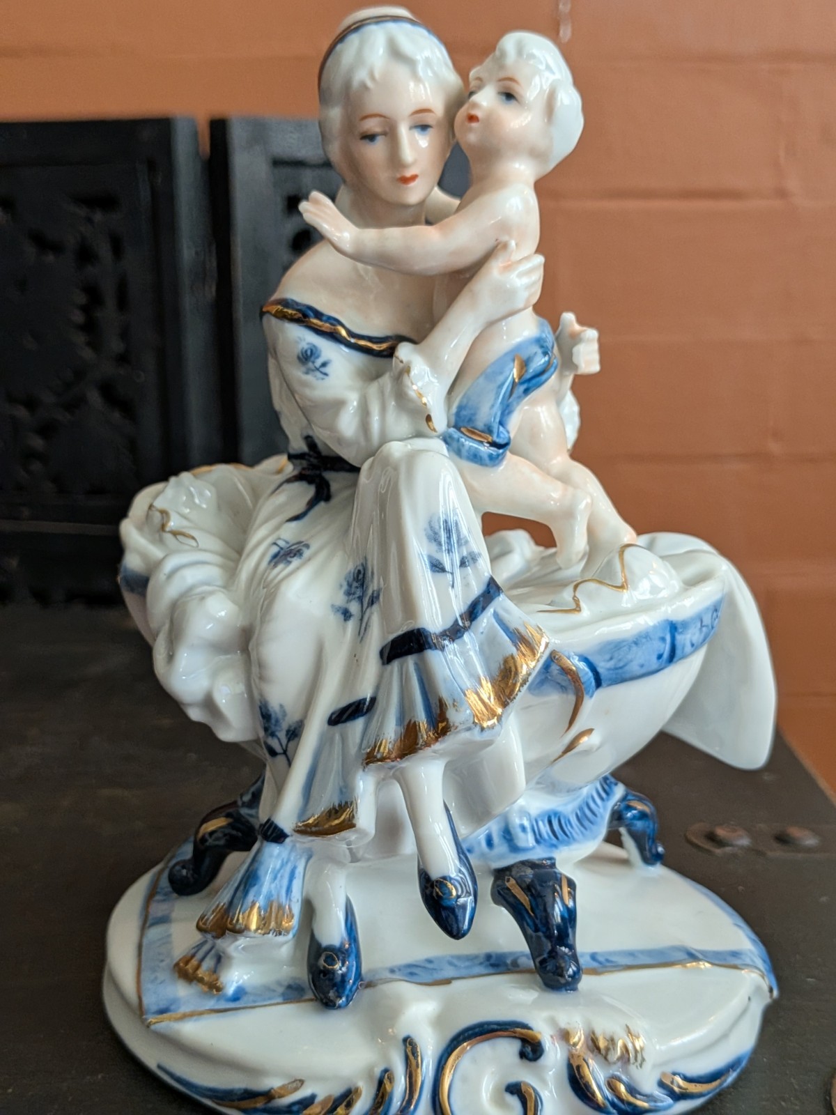 Blue & White KPM Porcelain Mother & Child Vtg P Frank Rococo Style Statue Figure
