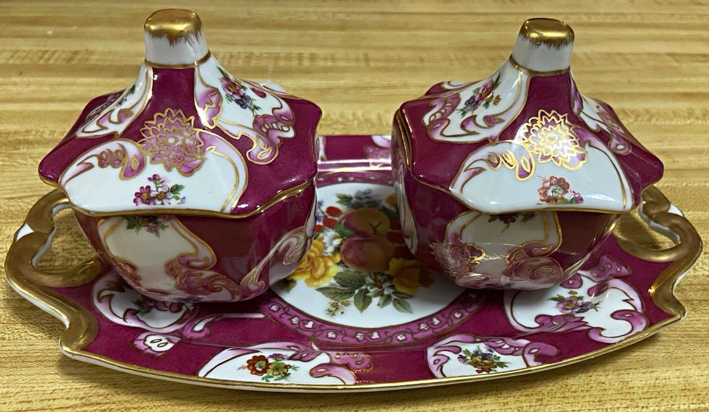 Vintage Royal Europe Hand Painted Porcelain Condiment Set Tray Decorative