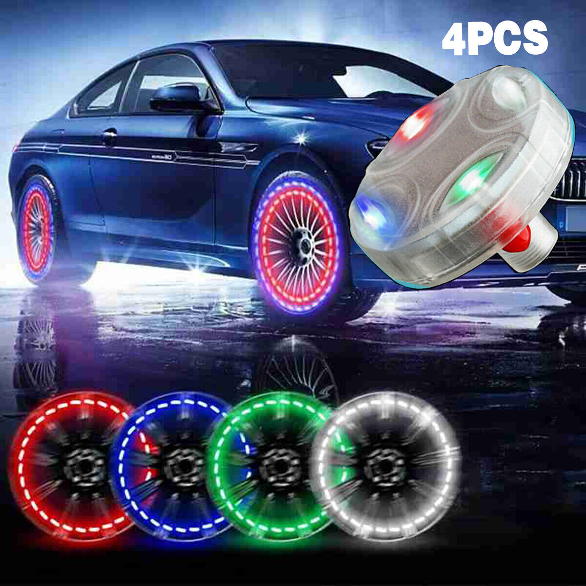 4x Neon LED Flash Solar Wheel Tire Tyre Valve Cap Light for Car Motorcycle Decor