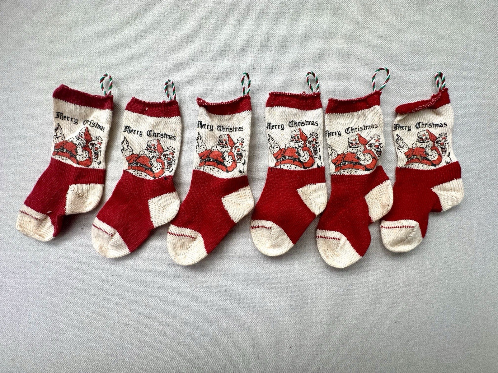 Vintage Miniature Christmas Stocking Ornament Knit Red and White Santa 5.5\