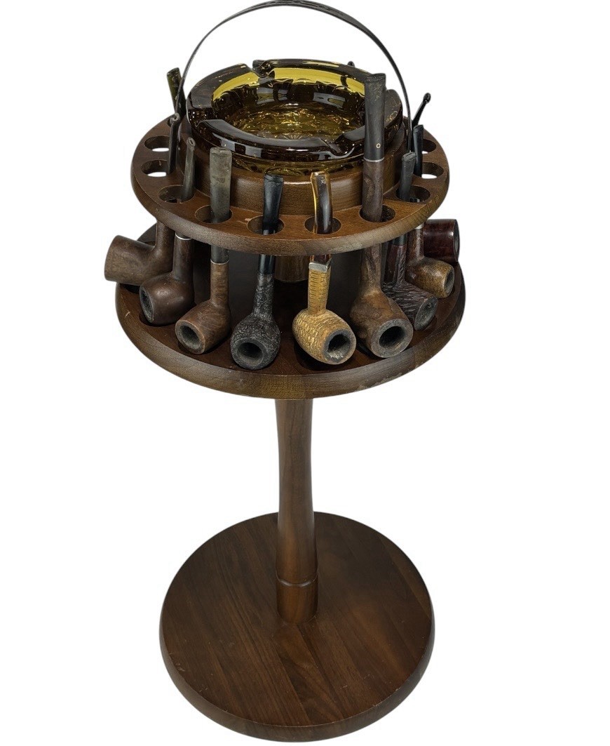 RARE Decatur Industries Pipe Stand Free Standing Walnut Ashtray 12 Pipes VTG USA
