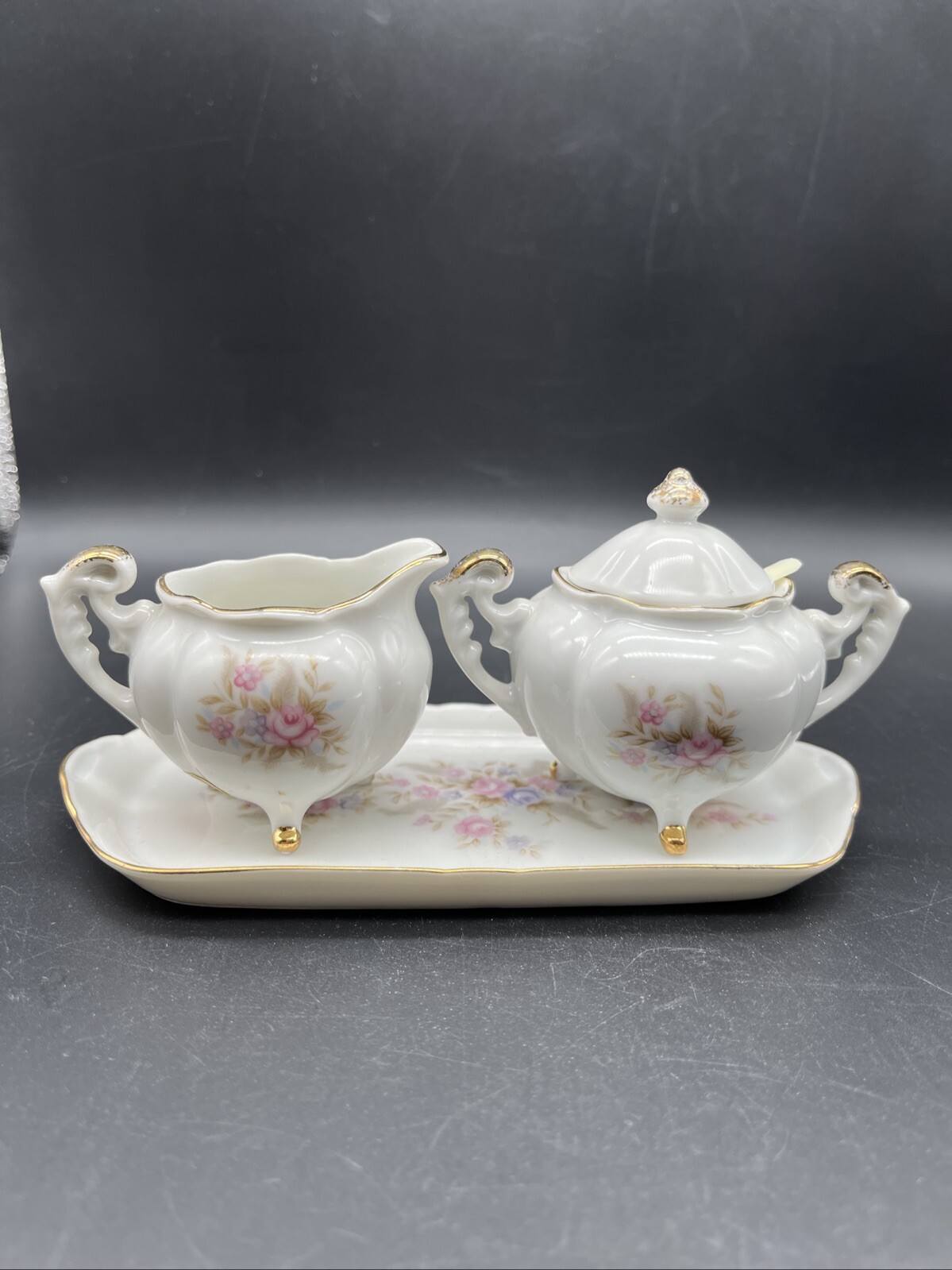 Vtg Lefton China Hand Painted Rose Floral Creamer Covered Sugar Tray Set 7051