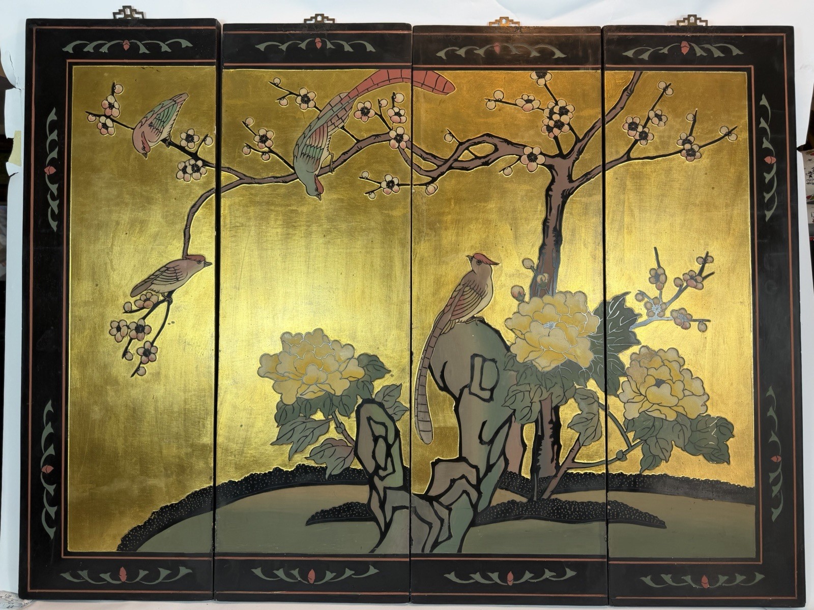 Vintage Chinese Chinoiserie 4 Panel Wall Art Gold Birds Flowers 48x36