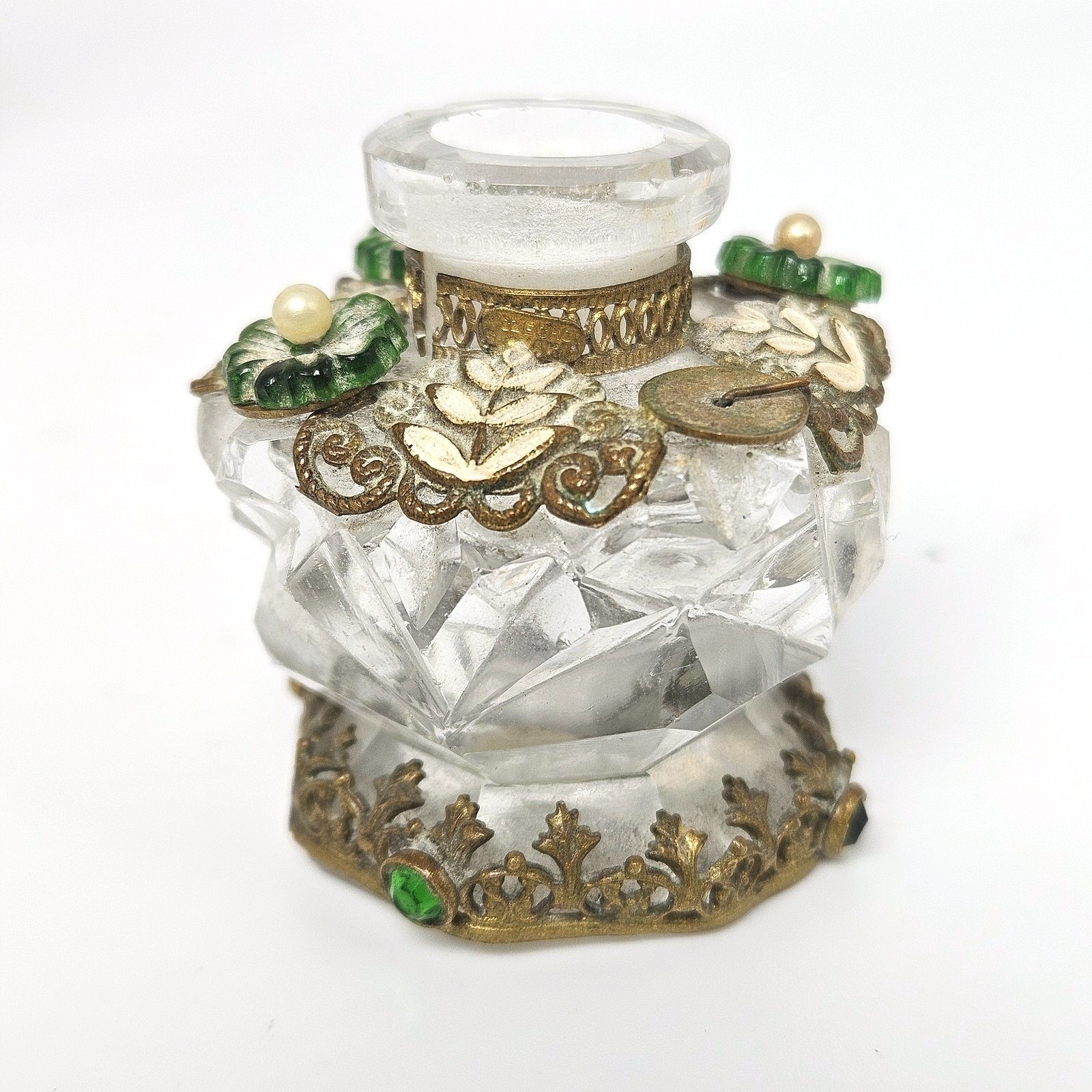 Vintage Signed Czech Jeweled Cut Crystal Mini Perfume Bottle Base 1920s Stand