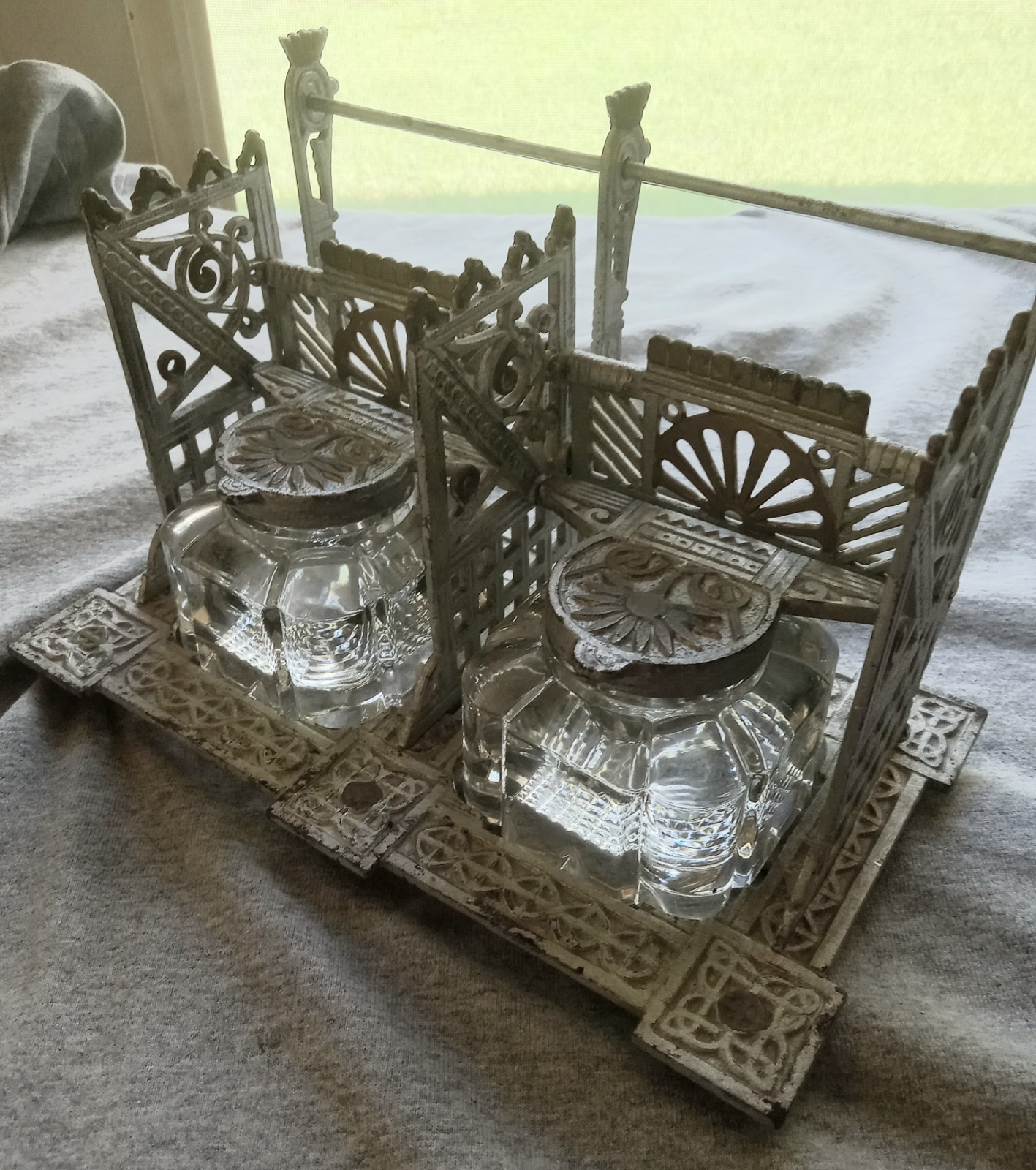 Antique Victorian Cast Iron Double Inkstand with Inkwells, Eastlake Late 1800s