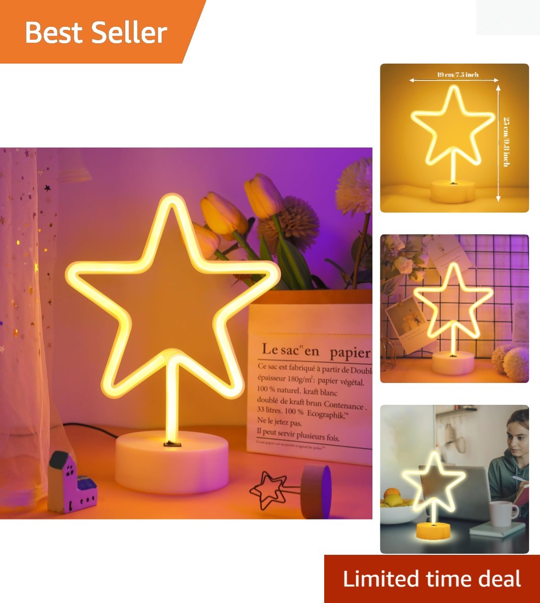 Portable Warm White Star Neon Light Lamp – Touch Control & USB Rechargeable
