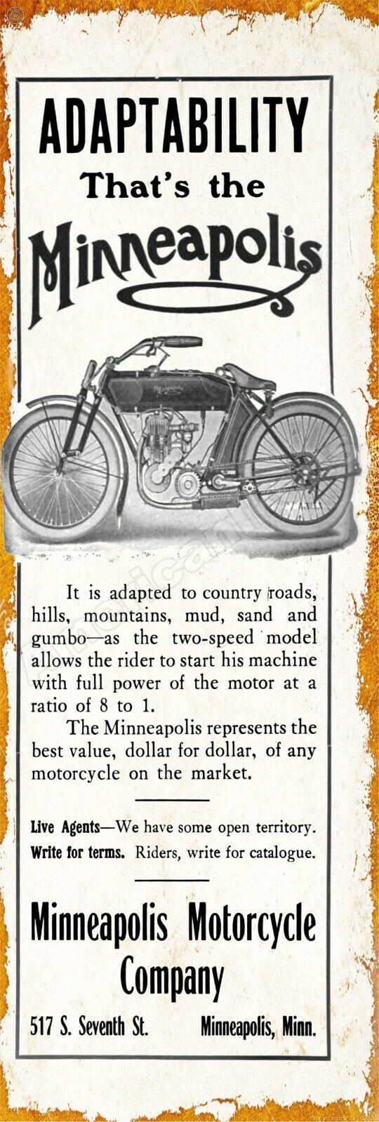 1911 Minneapolis Motorcycle Co. NEW Metal Sign 6\