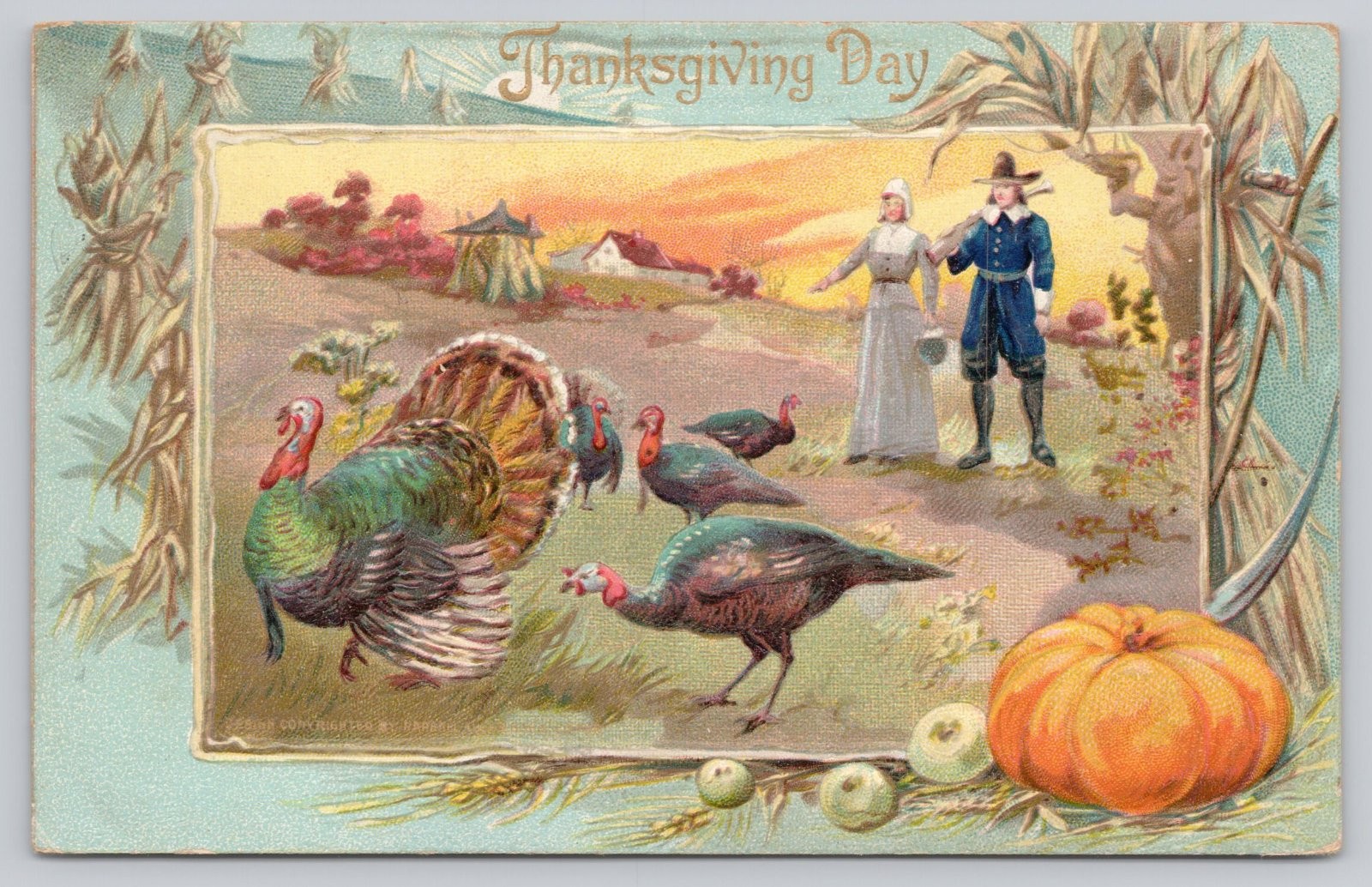 Vintage c1910 A Thanksgiving Day Pilgrims Turkeys Pumpkin Raphael Tuck Postcard