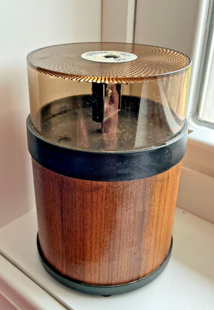 Vintage 1970s John Battery Powered Faux Brown Wood Panel Case Pencil Sharpener