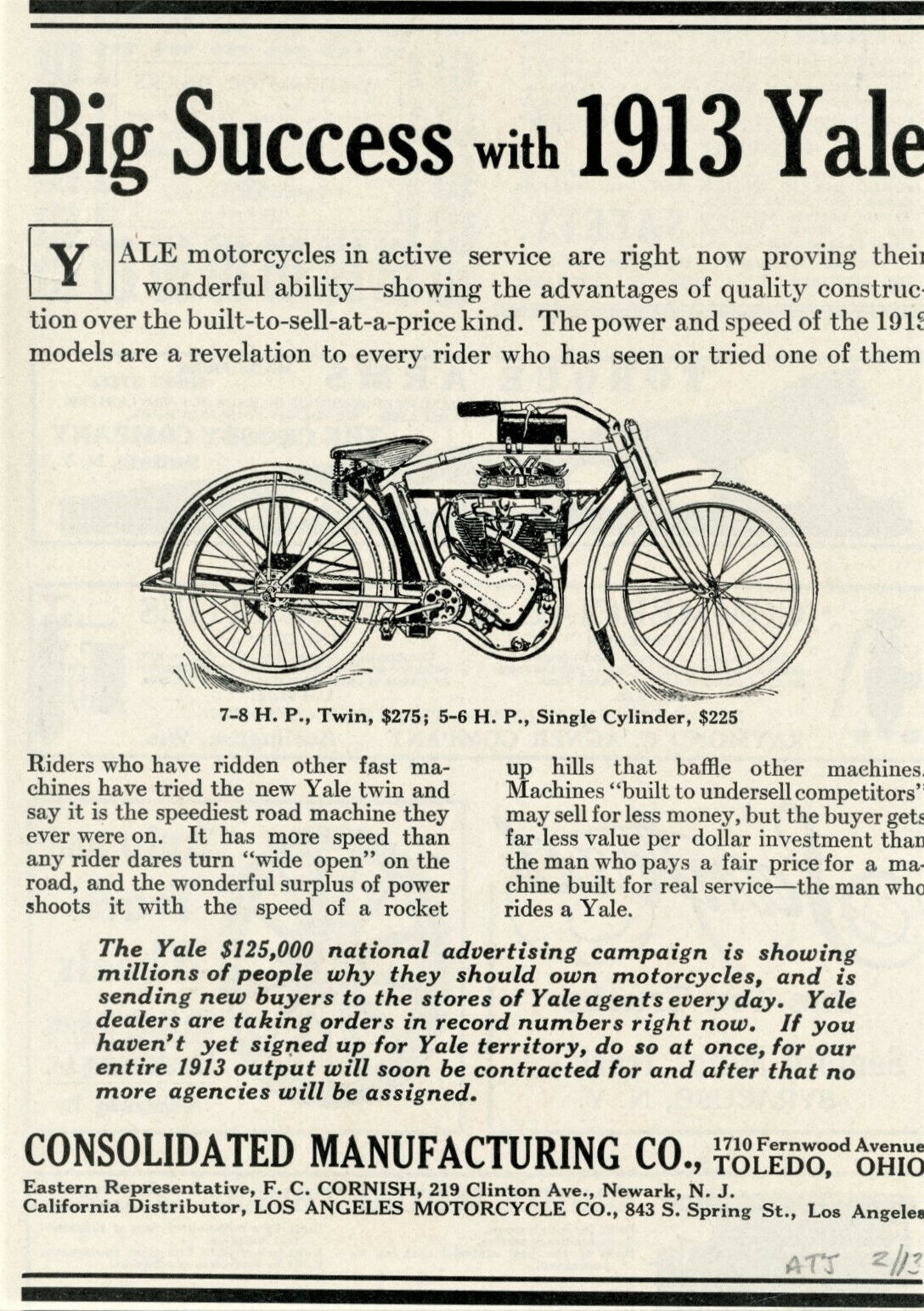 1903 Vintage Original YALE MOTORCYCLE Ad. 7-8 HP Twin Model Displayed. Toledo OH