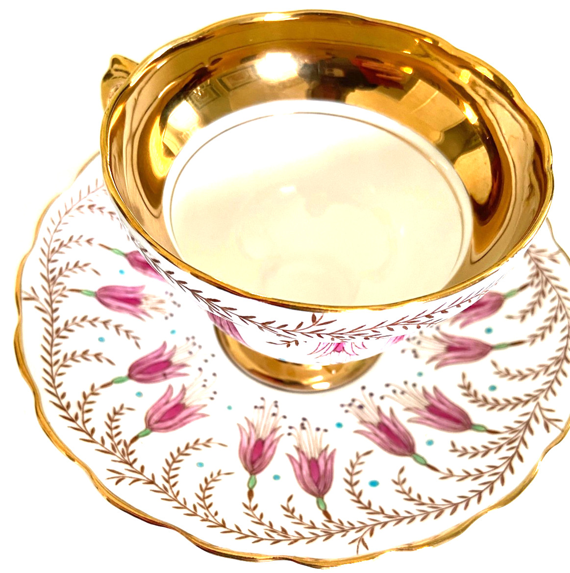 Exquisite Vtg Rosina Bone China Teacup Saucer Floral Wide Band Gold Trim UK