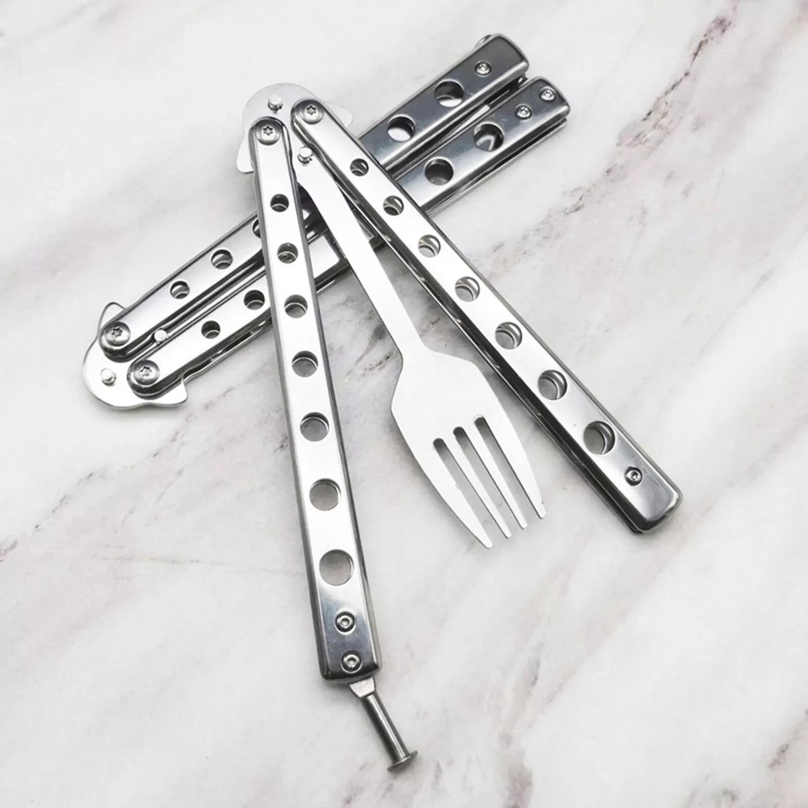 FORK & SPOON Metal Balisong Trainer Butterfly Knife Practice Trainer Multi-Tool