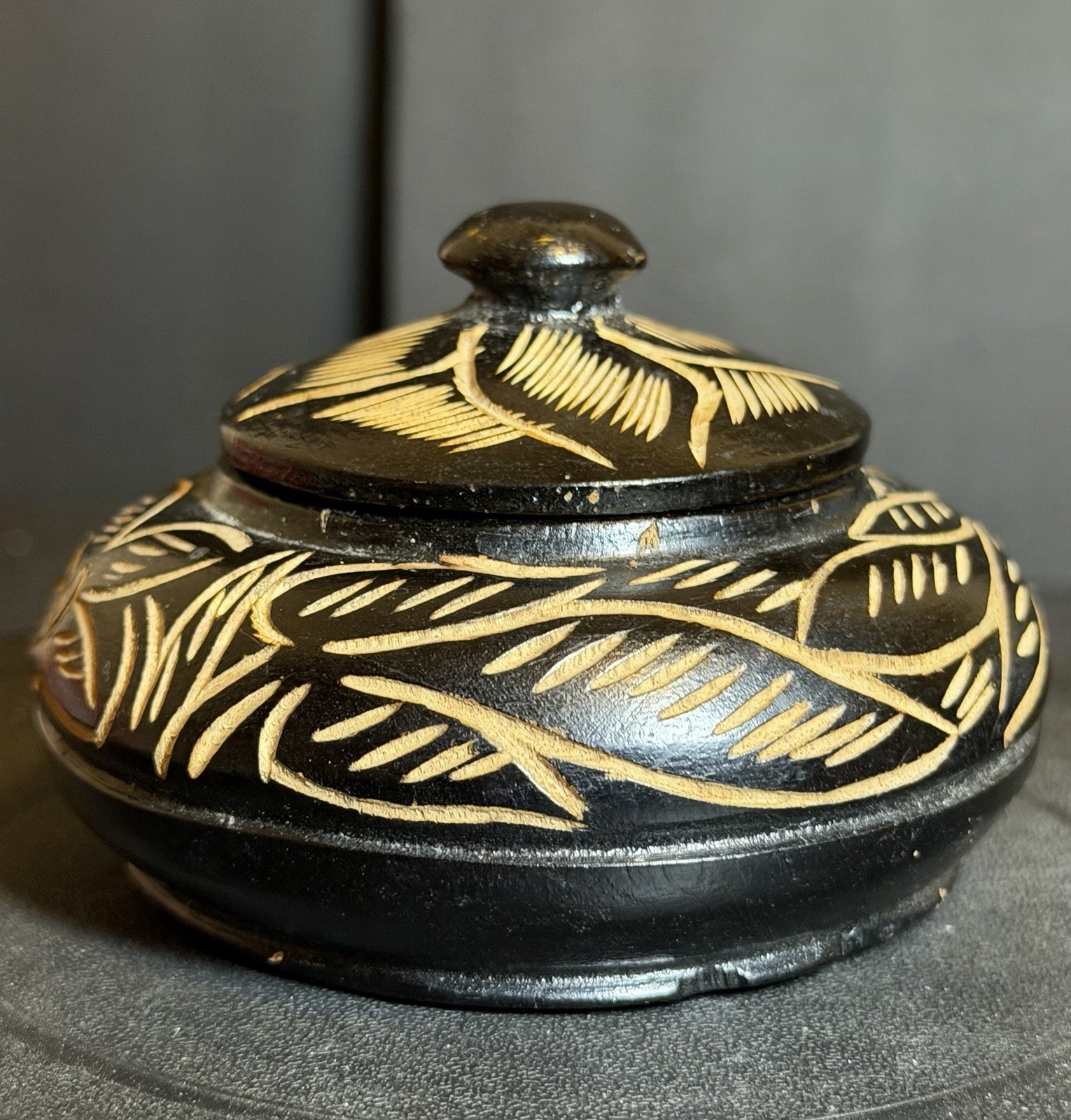 Mid Century Lathe Turned  & Etched  Black & Beige Wooden Bowl & Lid